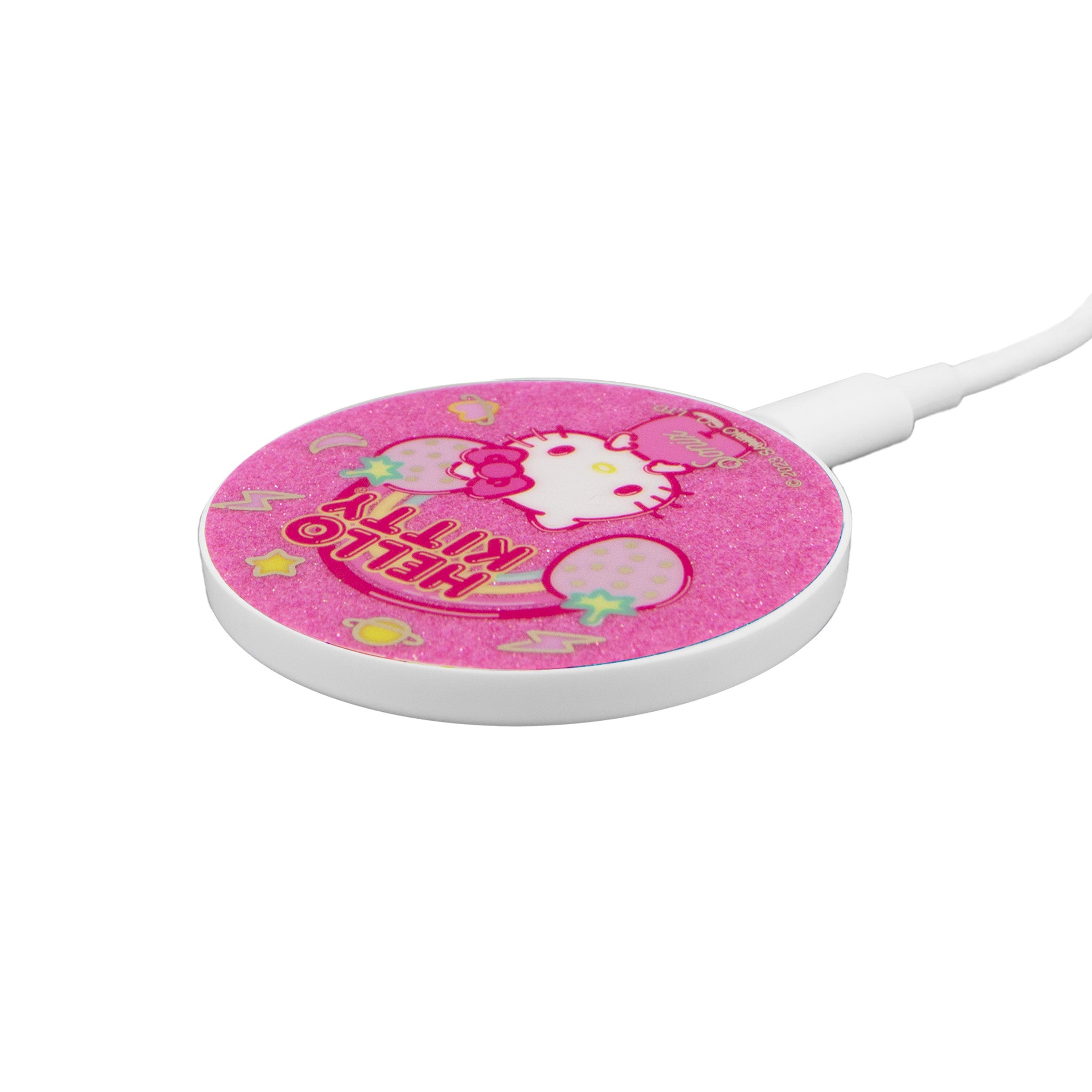 Hello Kitty Maglink Wireless Charger in use with iPhone, showing easy charging
