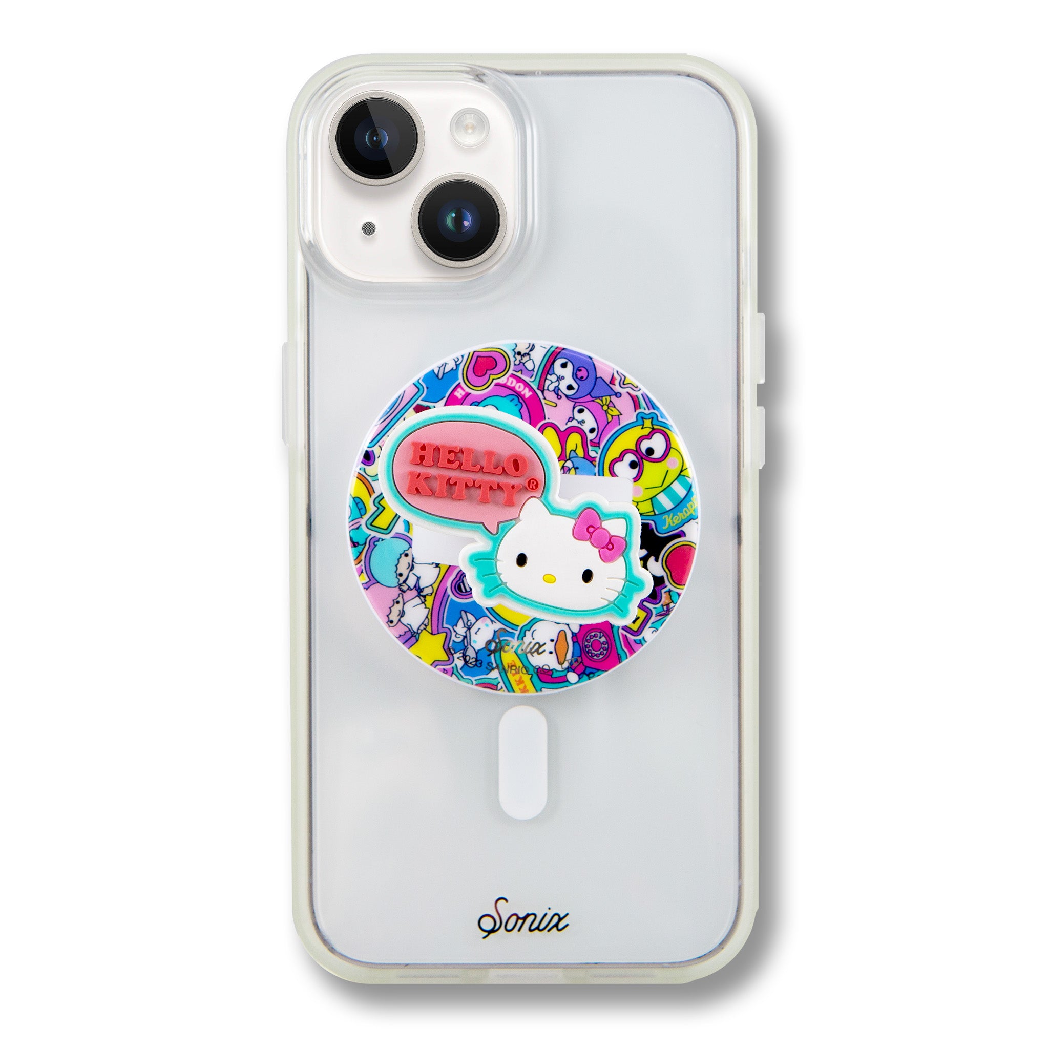 Hello Kitty Magnetic Phone Ring on a phone, demonstrating its secure attachment and stylish design as a phone magnetic phone holder.