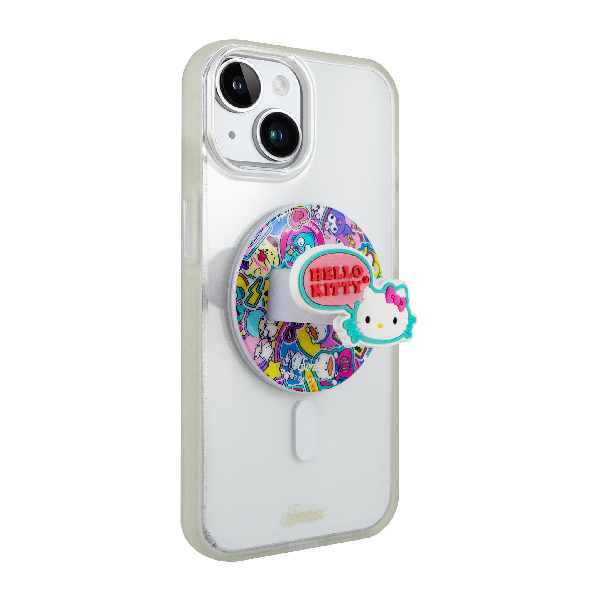 Hello Kitty Magnetic Phone Ring being removed from a phone, illustrating its easy removal and compatibility with MagSafe phones as a phone ring.