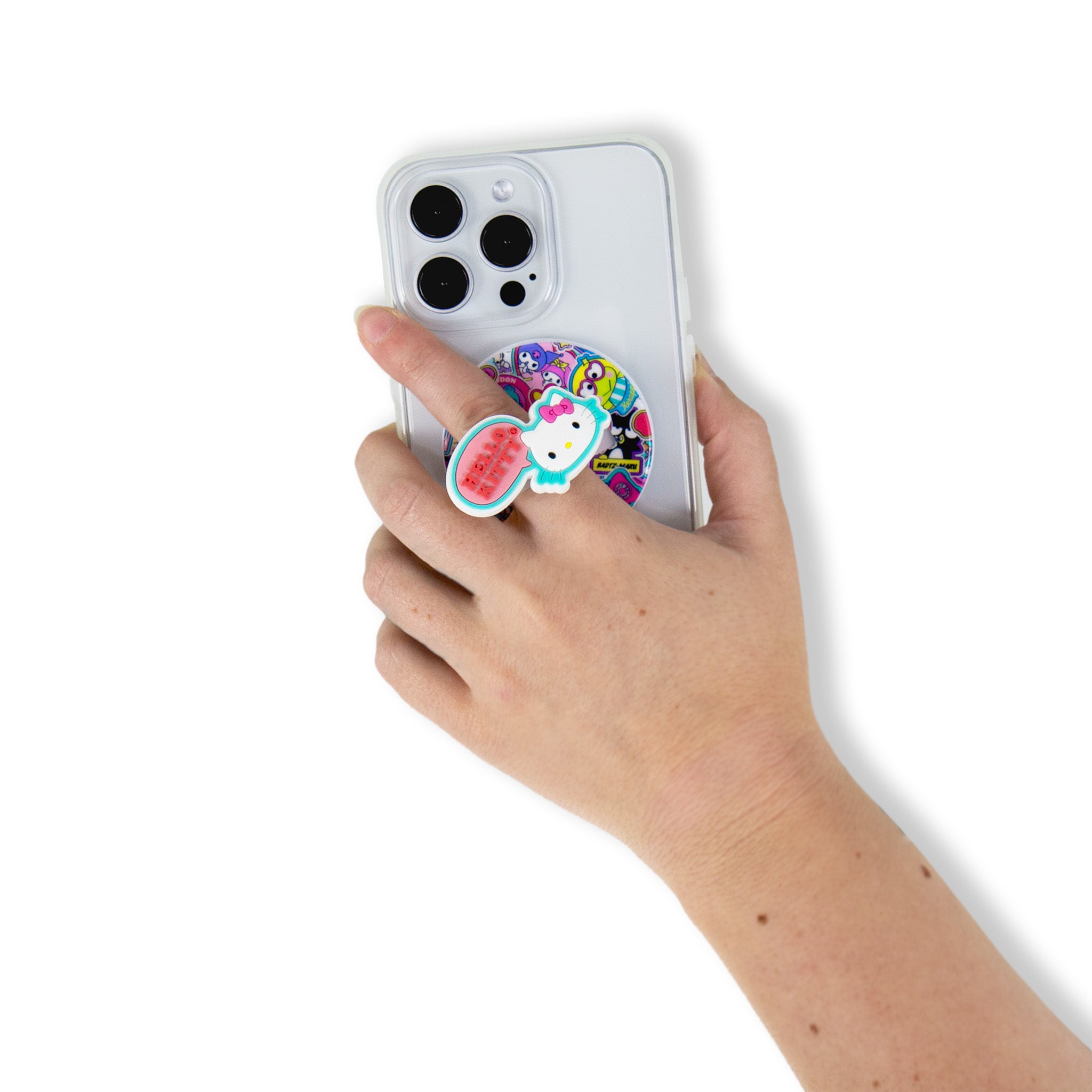 Close-up of the Hello Kitty Magnetic Phone Ring, highlighting its silicone material and repositionable magnet as a magnetic phone holder magnet.