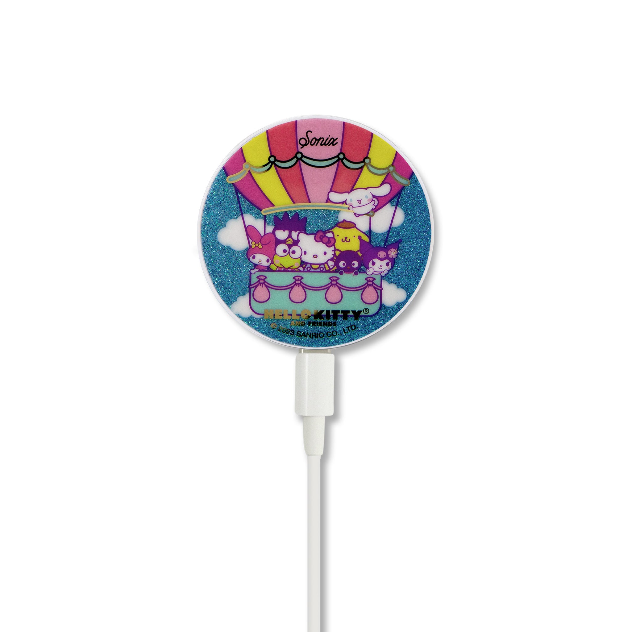 Hello Kitty wireless charger in use, showcasing the magnetic alignment.