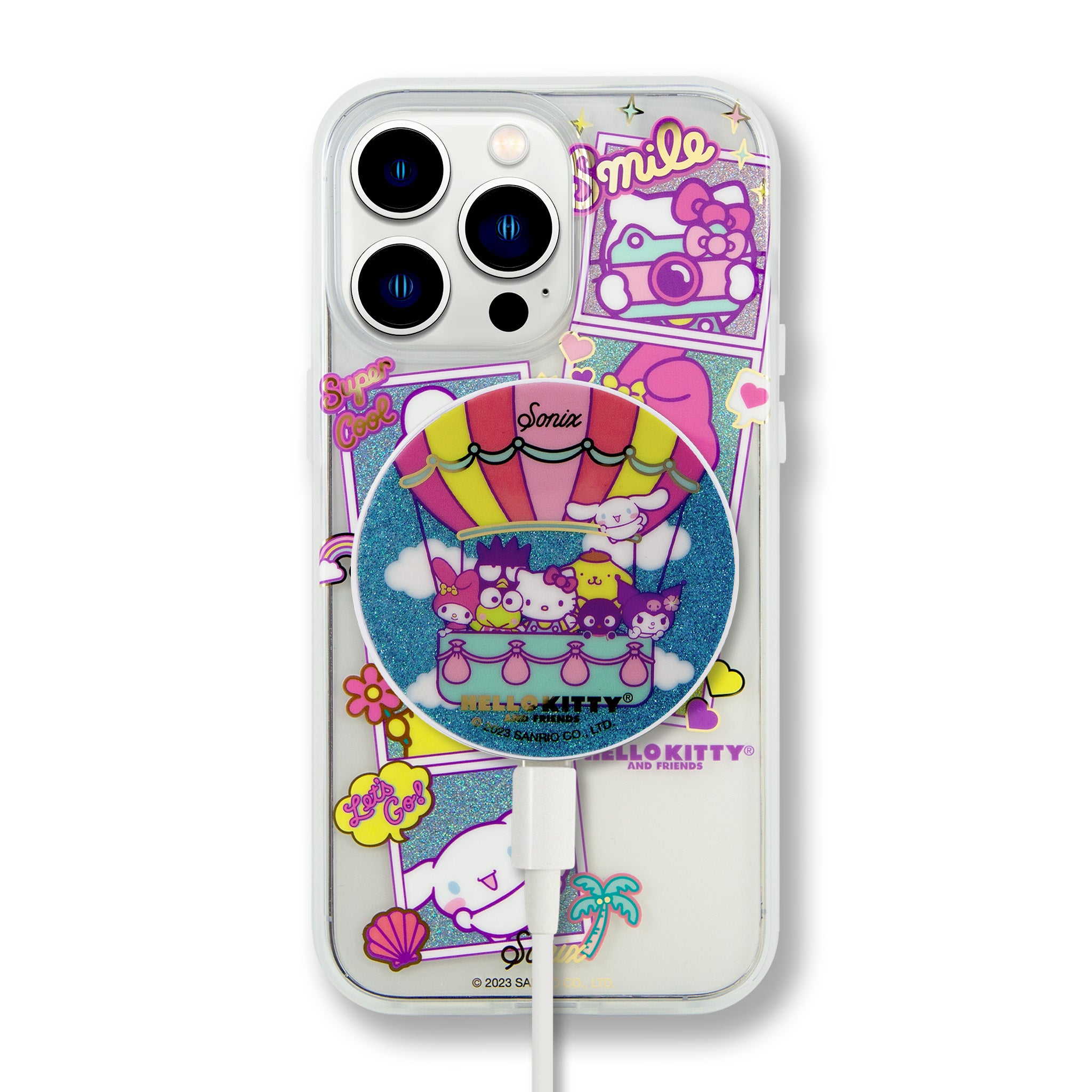 Close-up view of the glittery accents on the Hello Kitty charger.