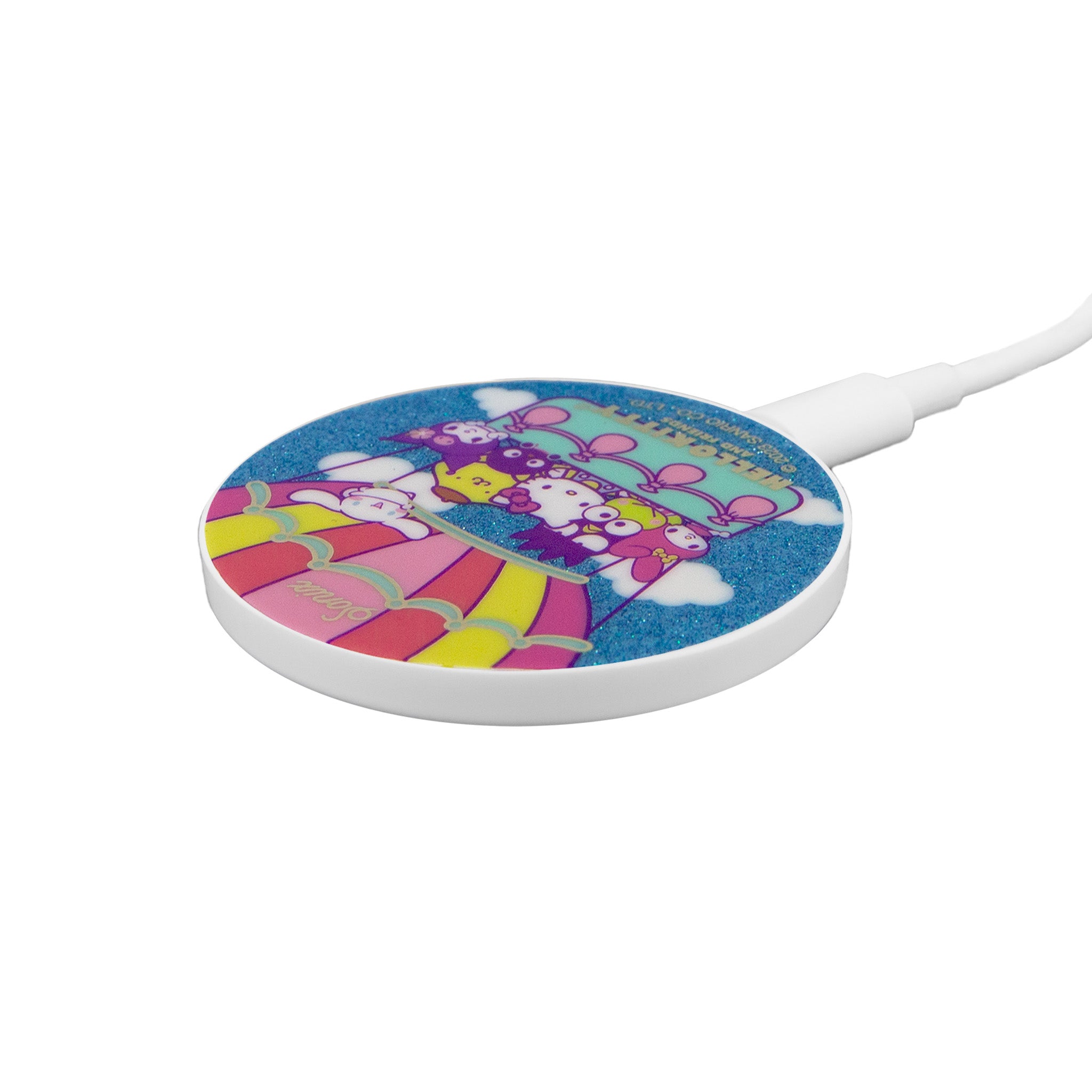 Close-up view of the glittery accents on the Hello Kitty charger.