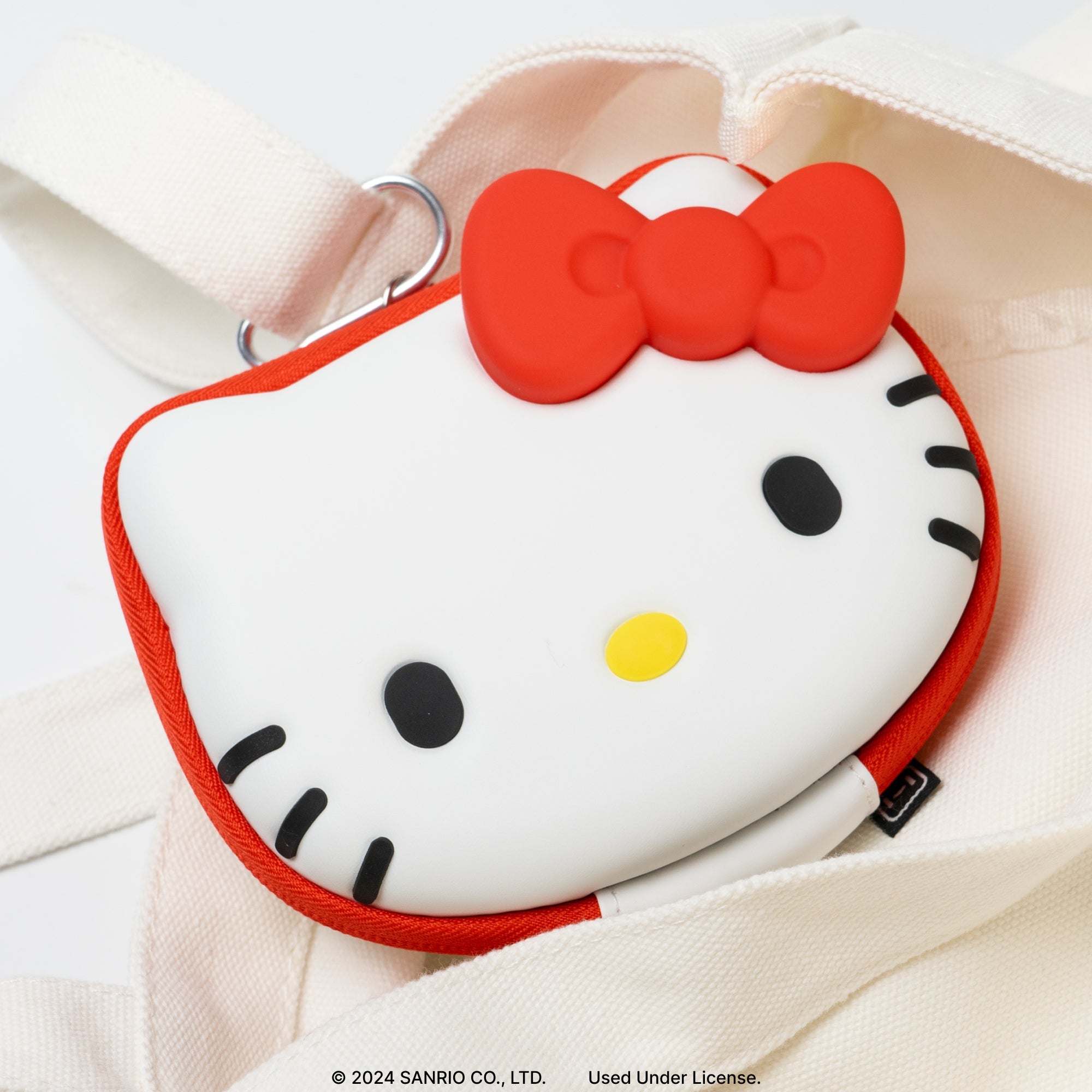 Hello Kitty case attached to a backpack with carabiner.