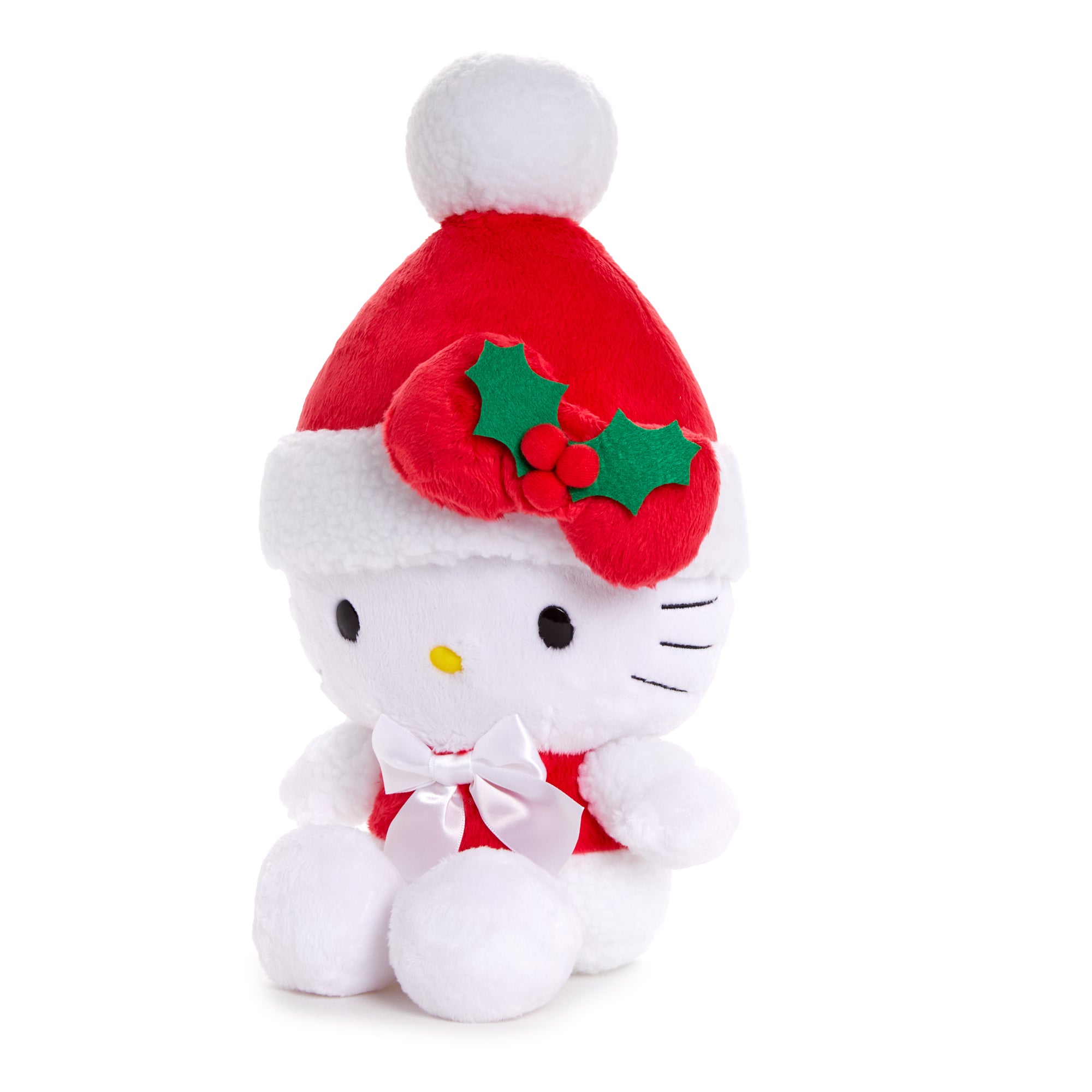 Close-up of the embroidered details on the Hello Kitty Santa plush