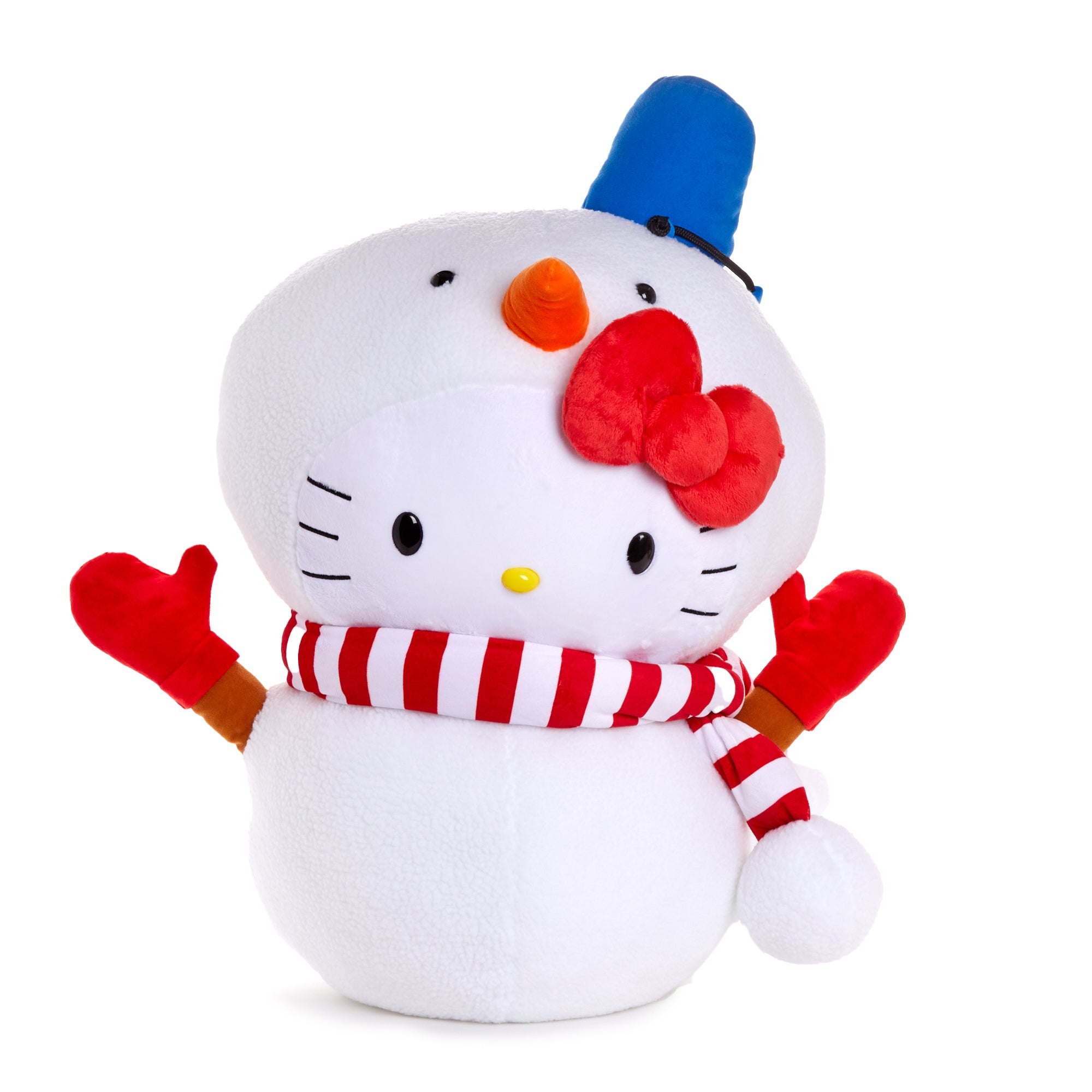 Close-up of Hello Kitty snowman plush with embroidered details and winter accessories