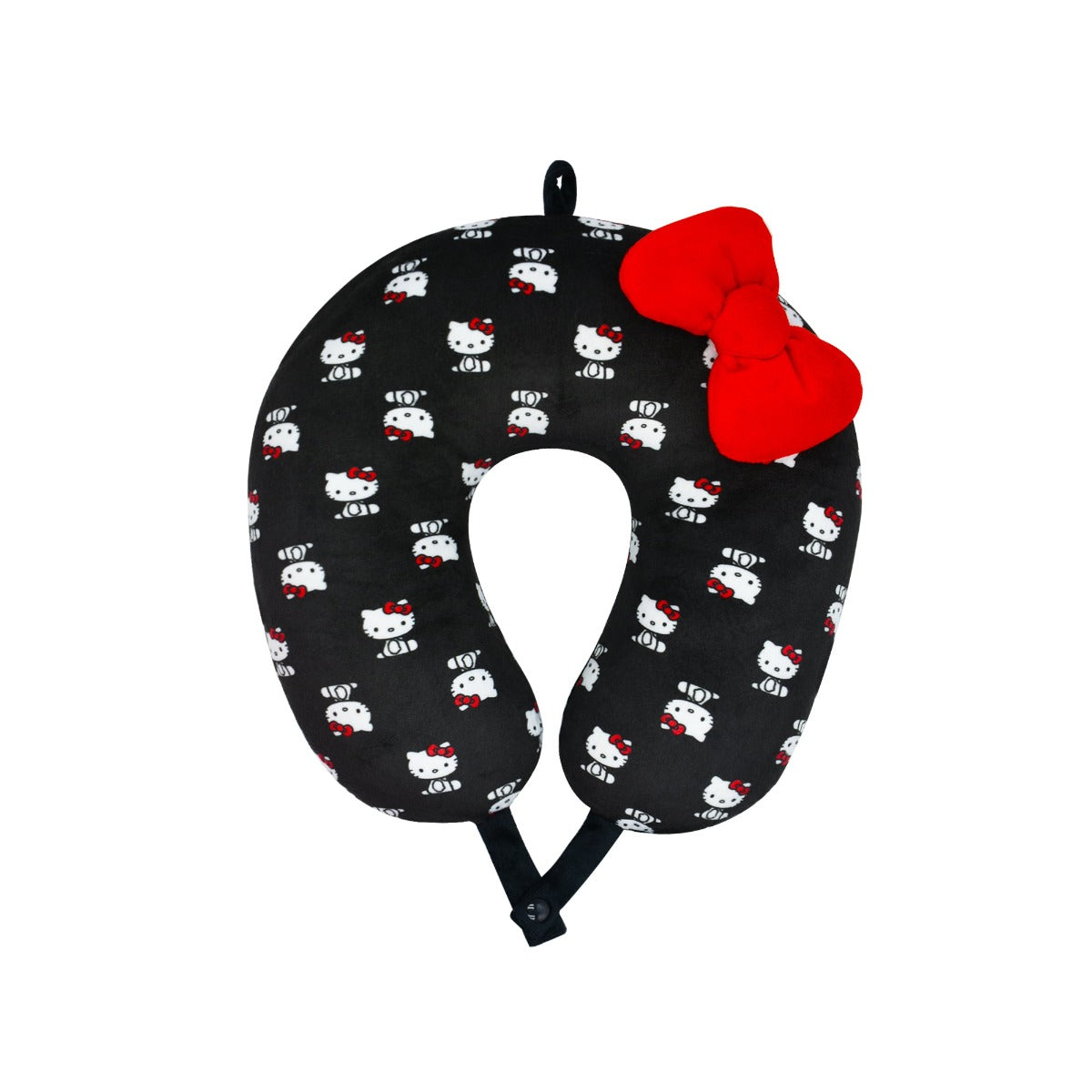 Hello Kitty black neck pillow with red bow on airplane seat for travel comfort
