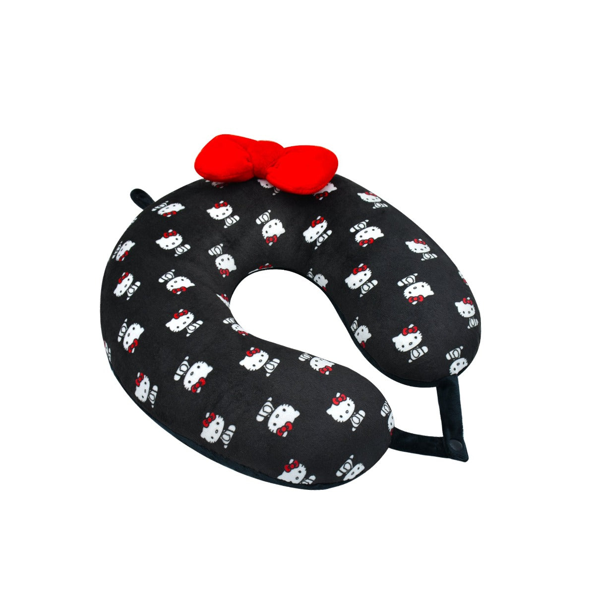 Hello Kitty black neck pillow with red bow on airplane seat for travel comfort