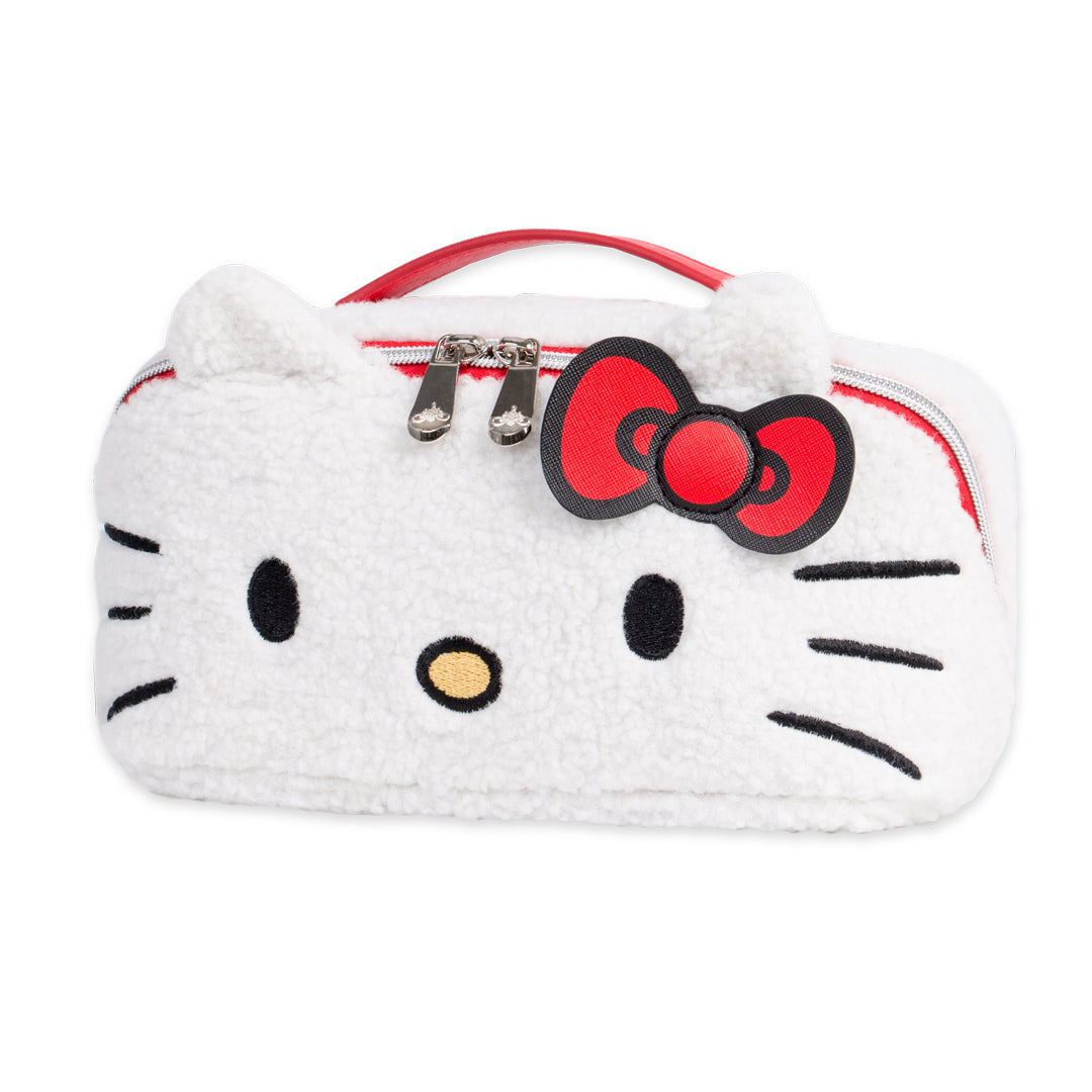 Side angle of sherpa vanity bag with silver hardware and 3D ears