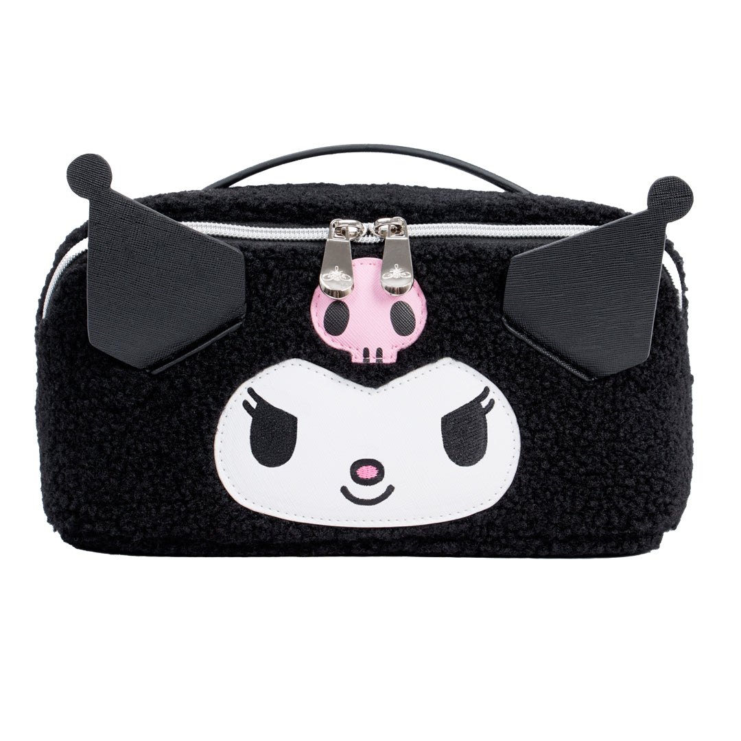 Front view of Kuromi travel makeup bag with embroidered face and 3D ears