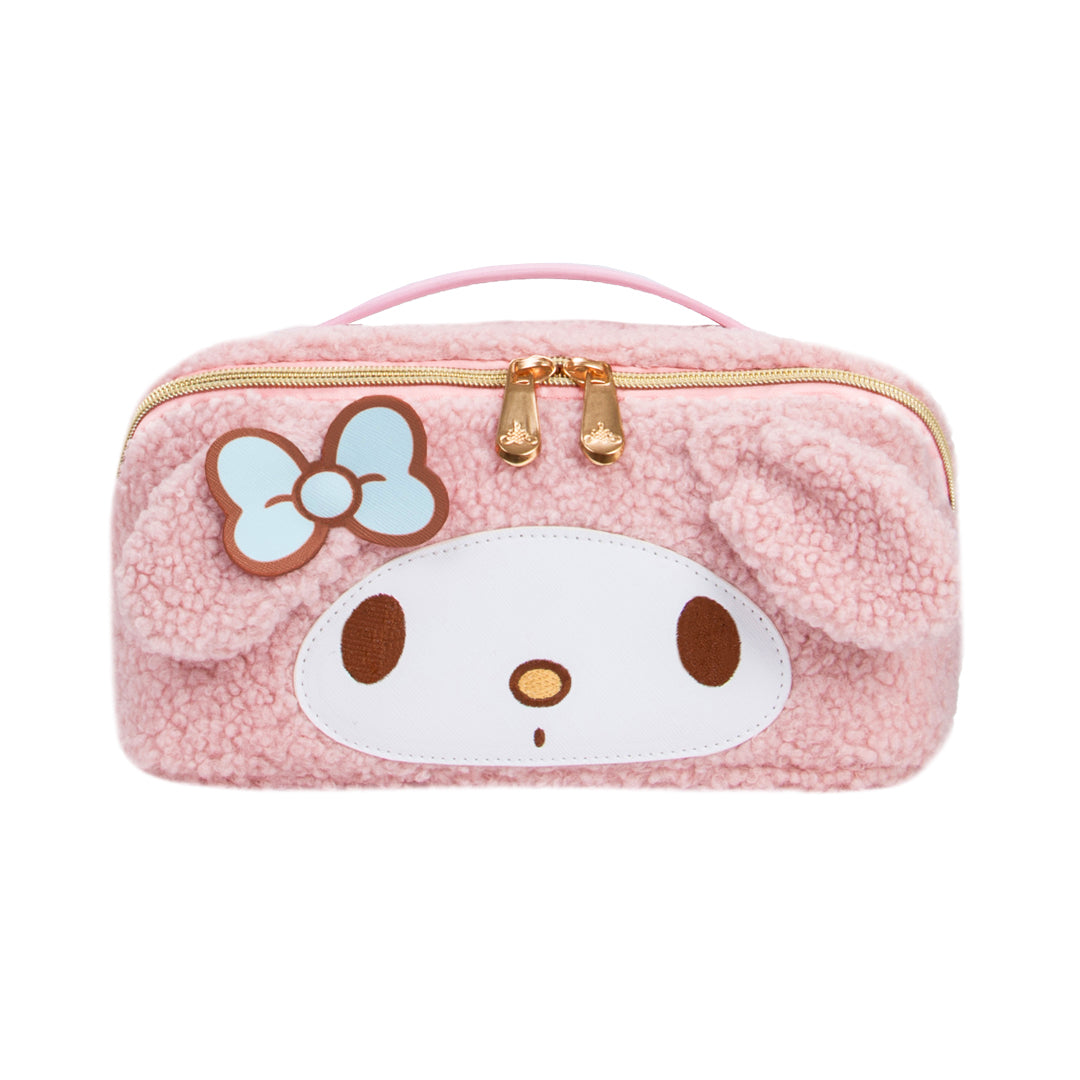 My Melody plush travel makeup bag with embroidered face and gold hardware, ideal for women travelers