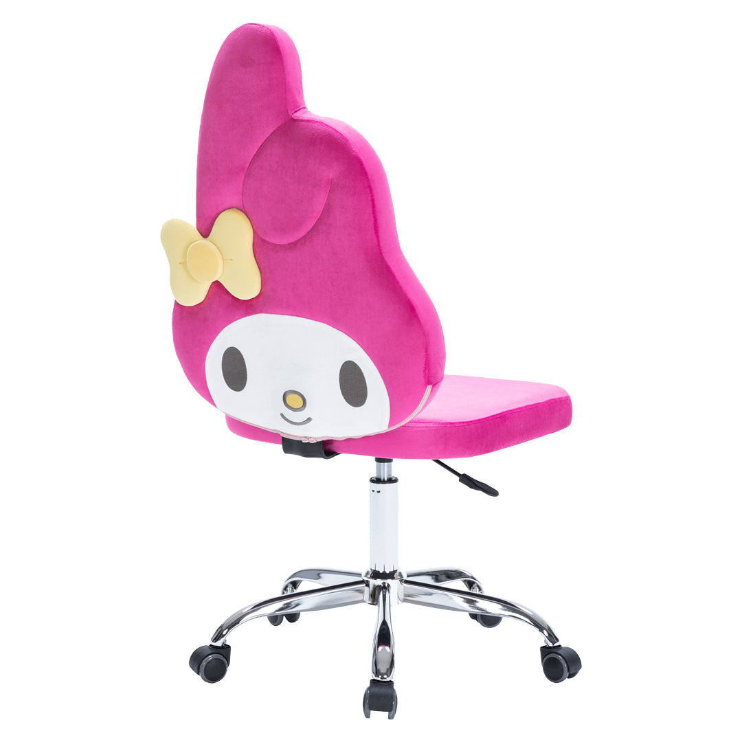 Close-up of My Melody velvet swivel chair detailing the plush fabric and bow accent.