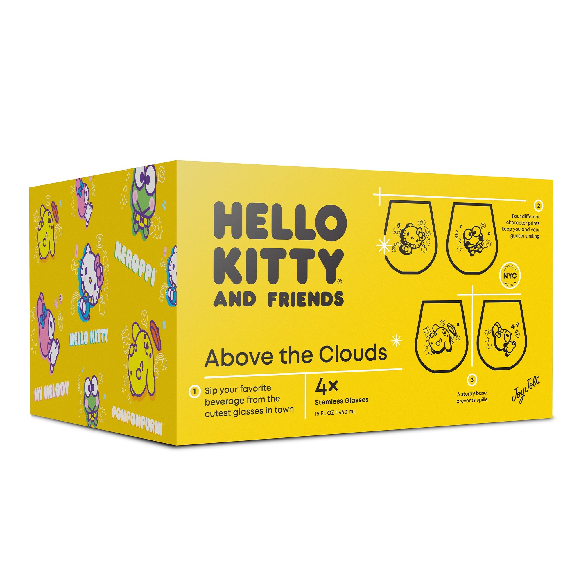 Sanrio characters on stemless wine glasses - Keroppi, My Melody, and Pompompurin