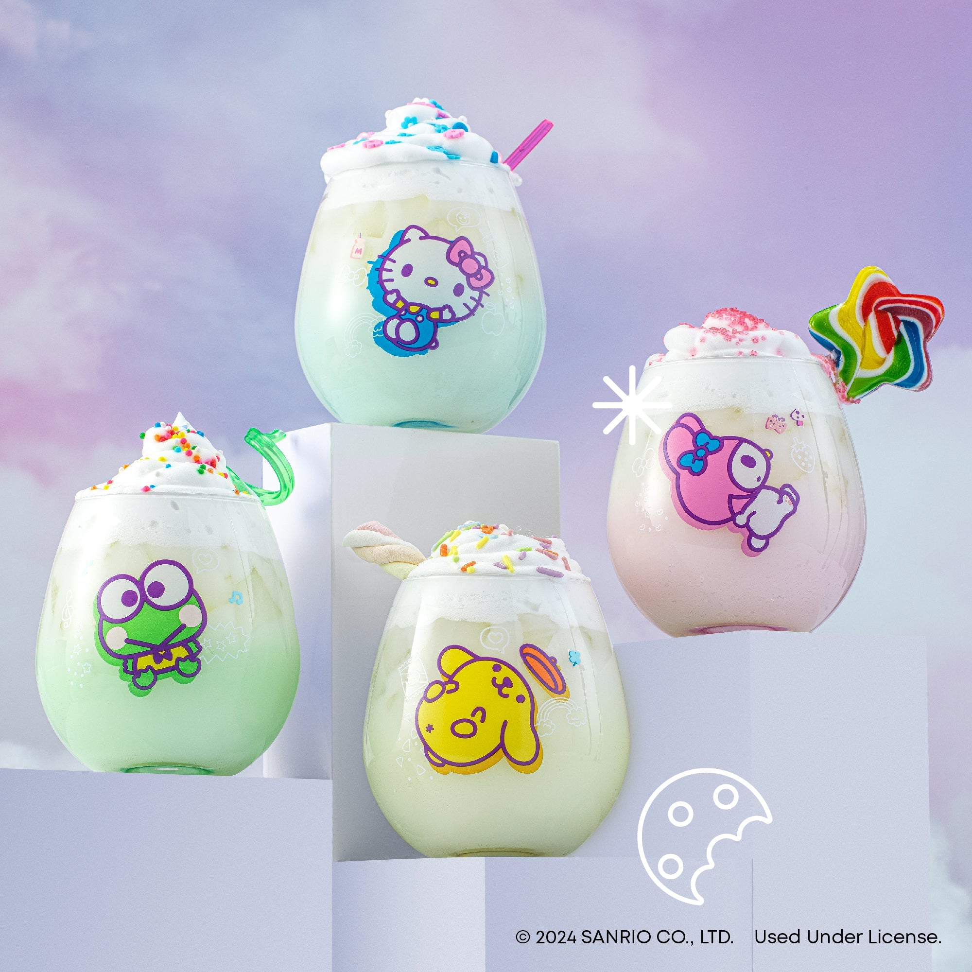Sanrio characters on stemless wine glasses - Keroppi, My Melody, and Pompompurin