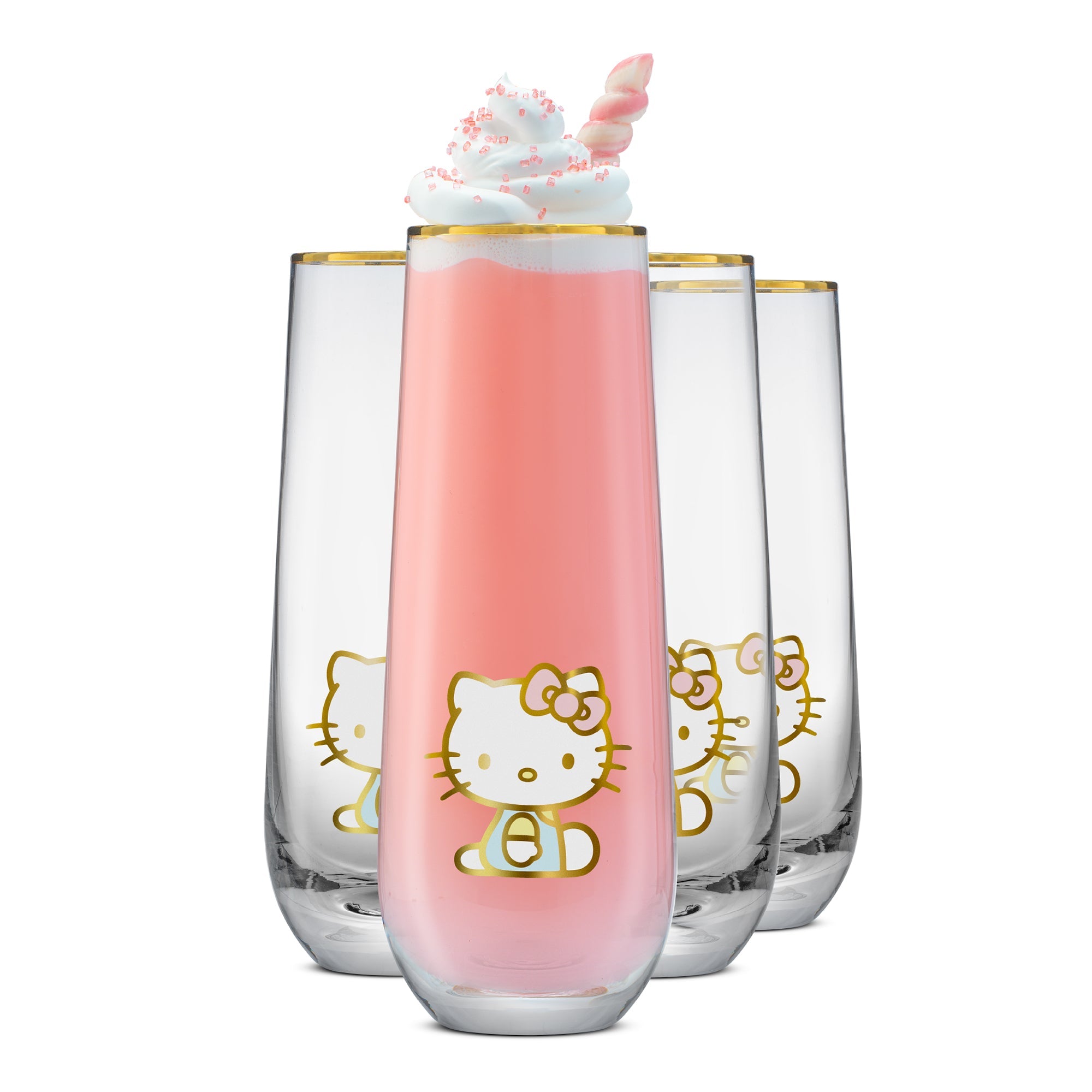Hello Kitty stemless champagne flutes with gold rim, filled with sparkling drink
