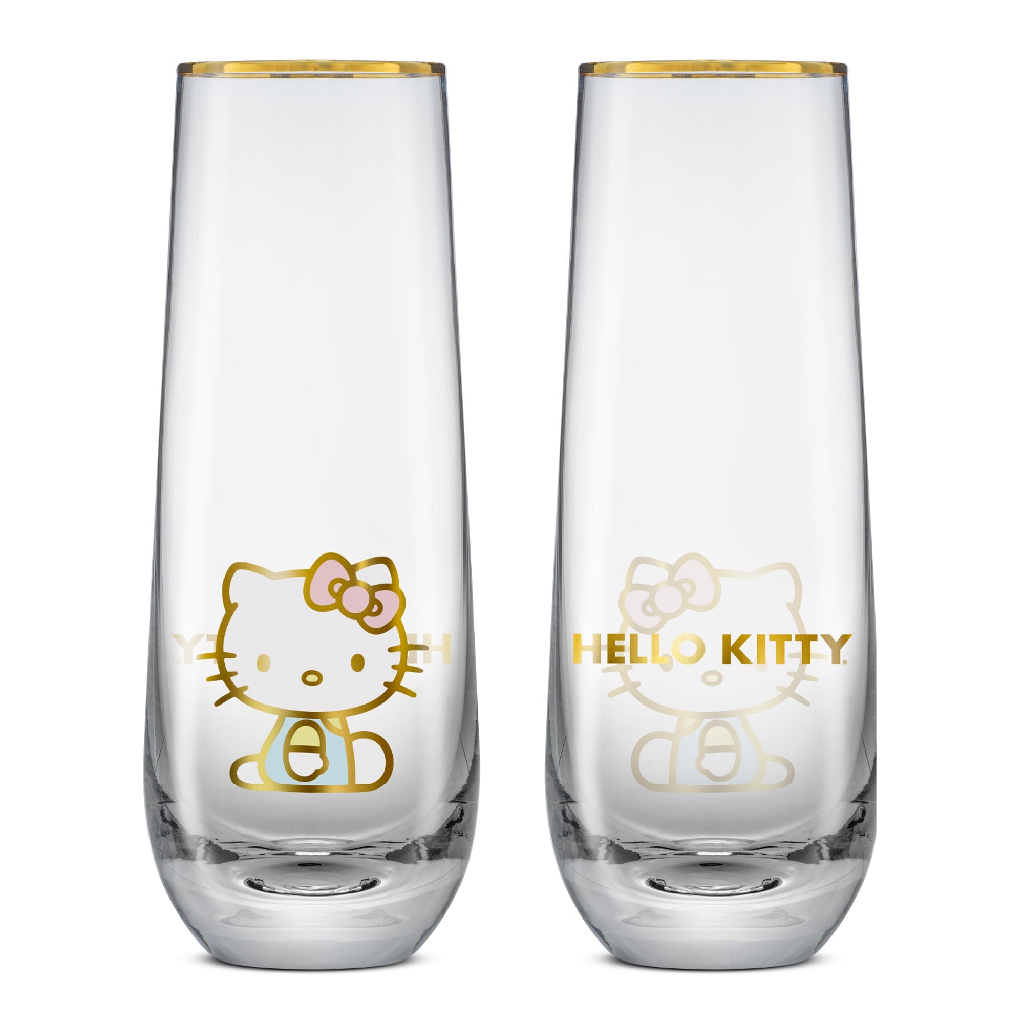 Close-up of Hello Kitty stemless flute with gold rim on a celebration table