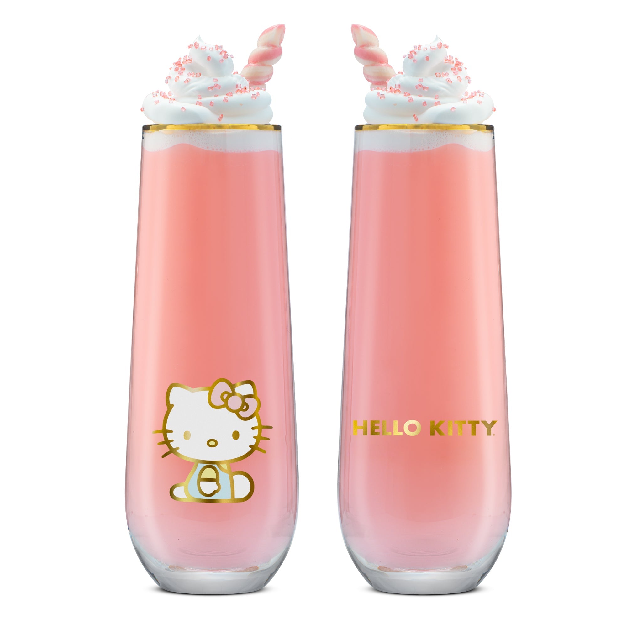 Set of four Hello Kitty glasses with gold accents, ideal for parties
