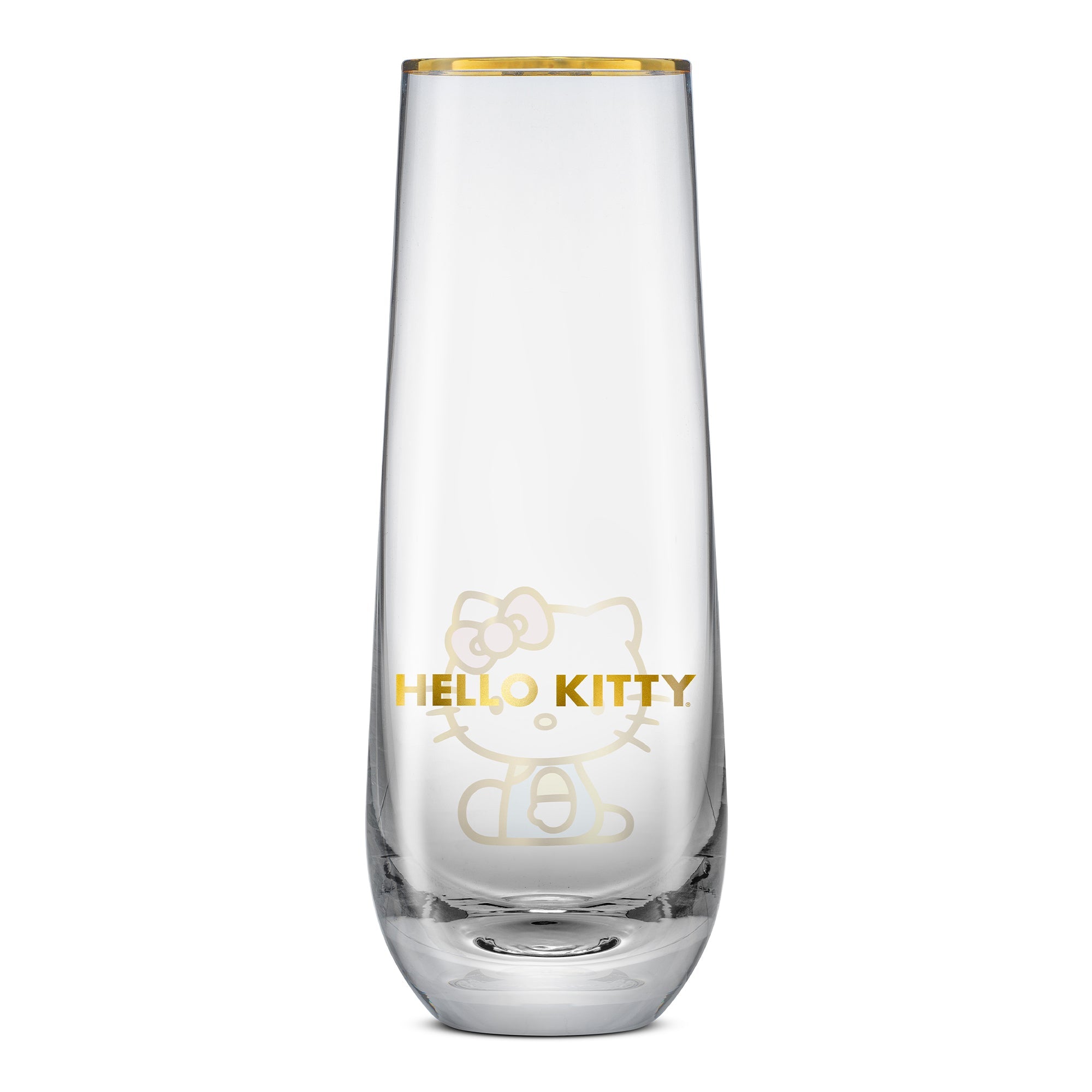 Close-up of Hello Kitty stemless flute with gold rim on a celebration table