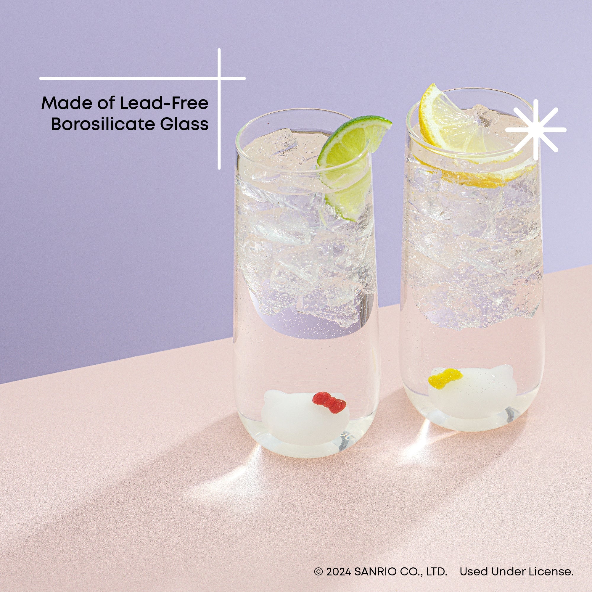 Hello Kitty 3D icon tall drinking glass filled with iced tea, showcasing its borosilicate glass material.