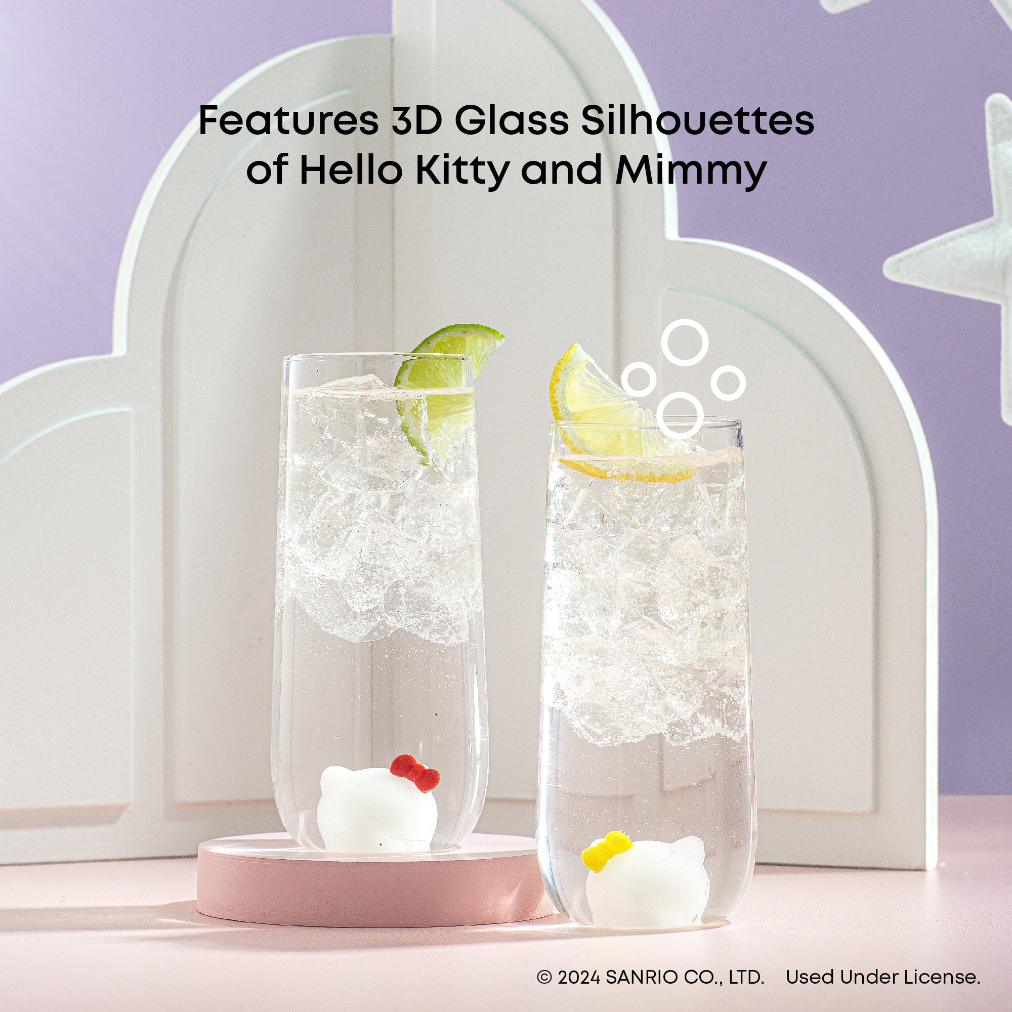 Pair of Hello Kitty & Mimmy borosilicate glass drinking glasses on a table, ready for a toast.