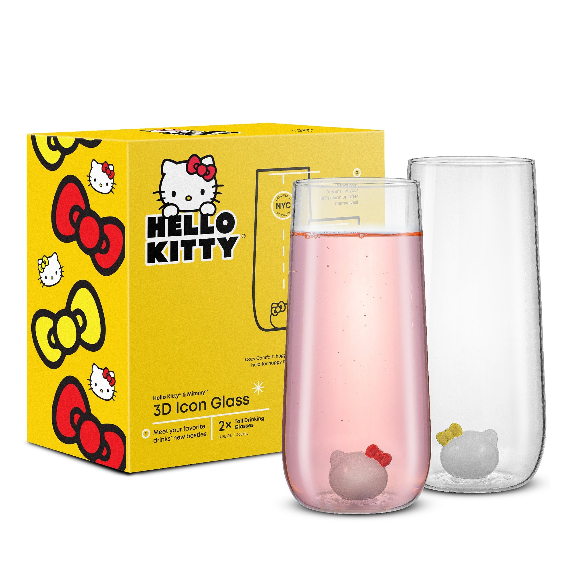 Hello Kitty 3D icon tall drinking glass filled with iced tea, showcasing its borosilicate glass material.