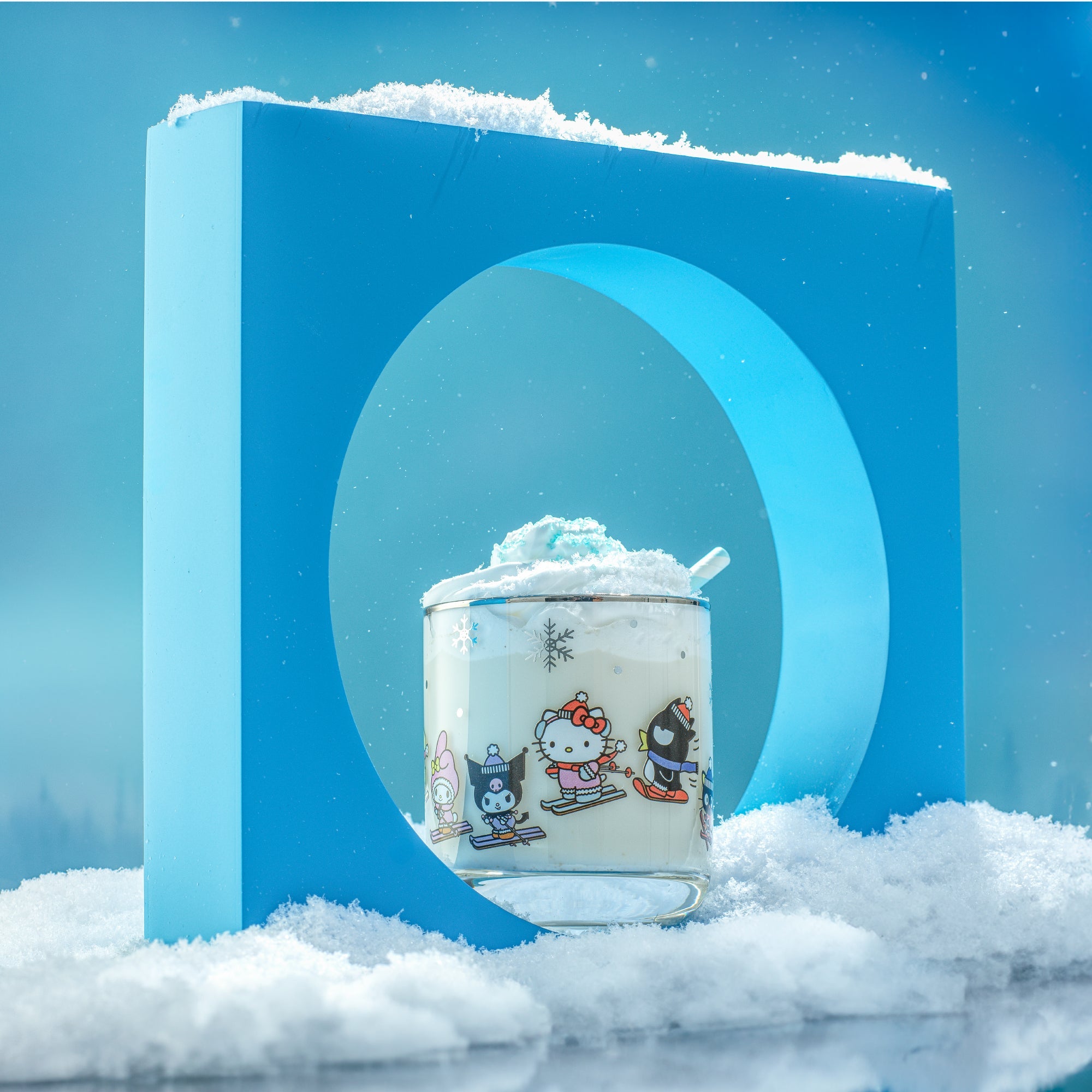 Close-up of Kawaii Winter Wonderland short glasses showcasing popular Sanrio characters.