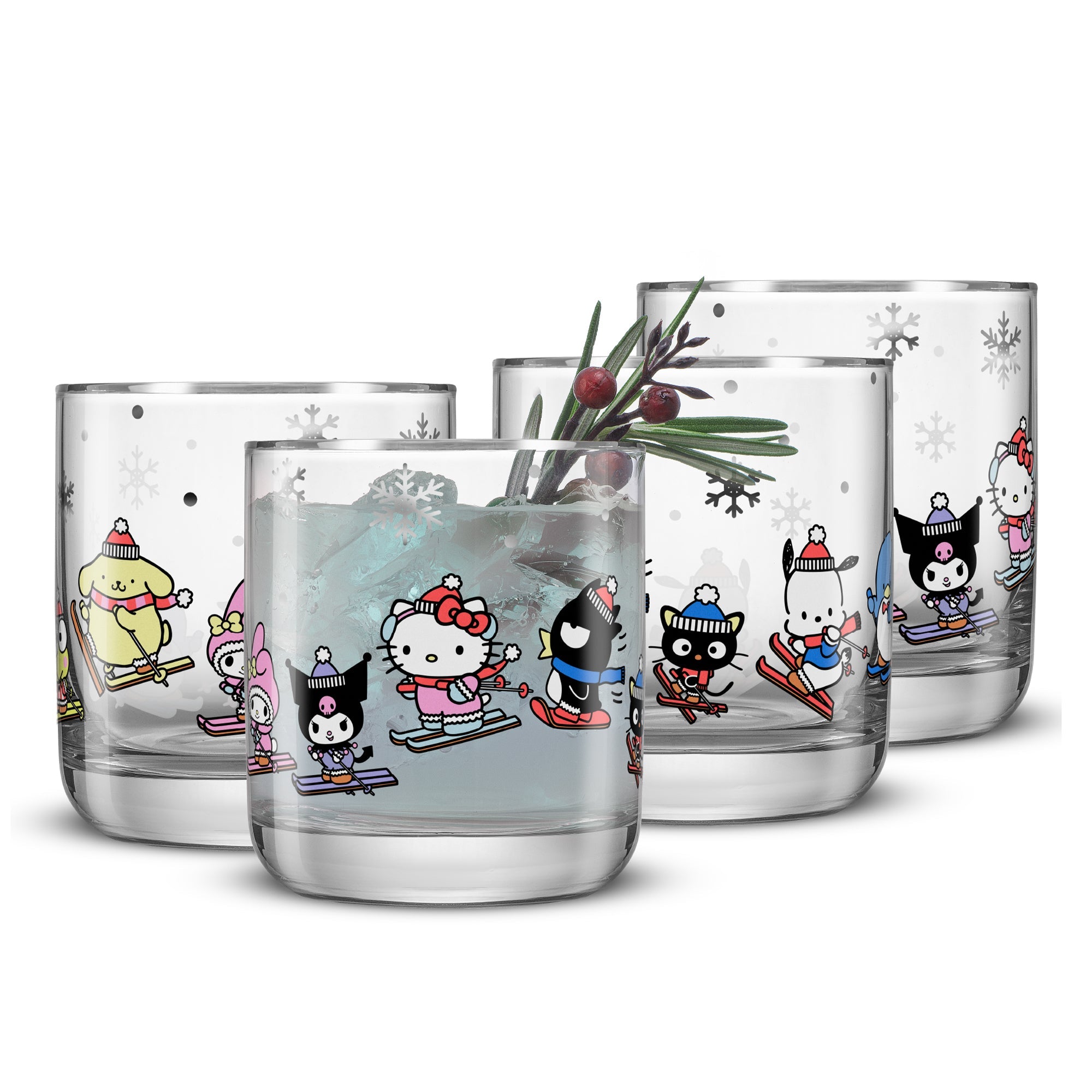 Close-up of Hello Kitty and friends winter glasses with silver rims on a festive table