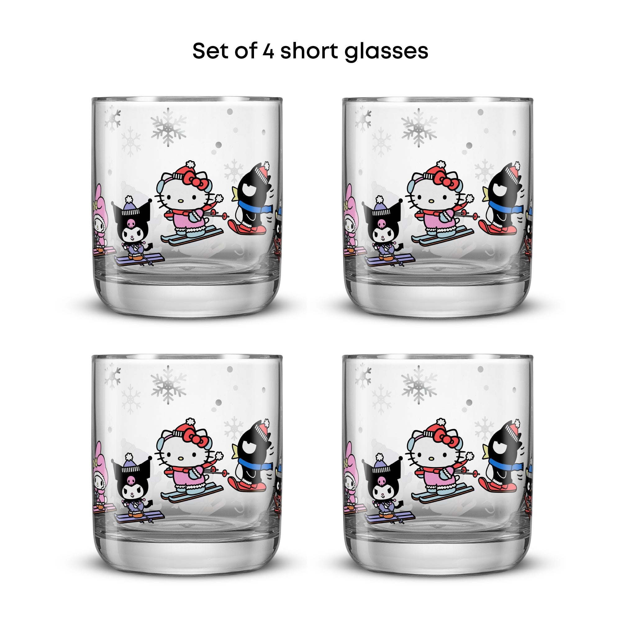 Festive display of Hello Kitty glasses set against a winter background, perfect for celebrations.