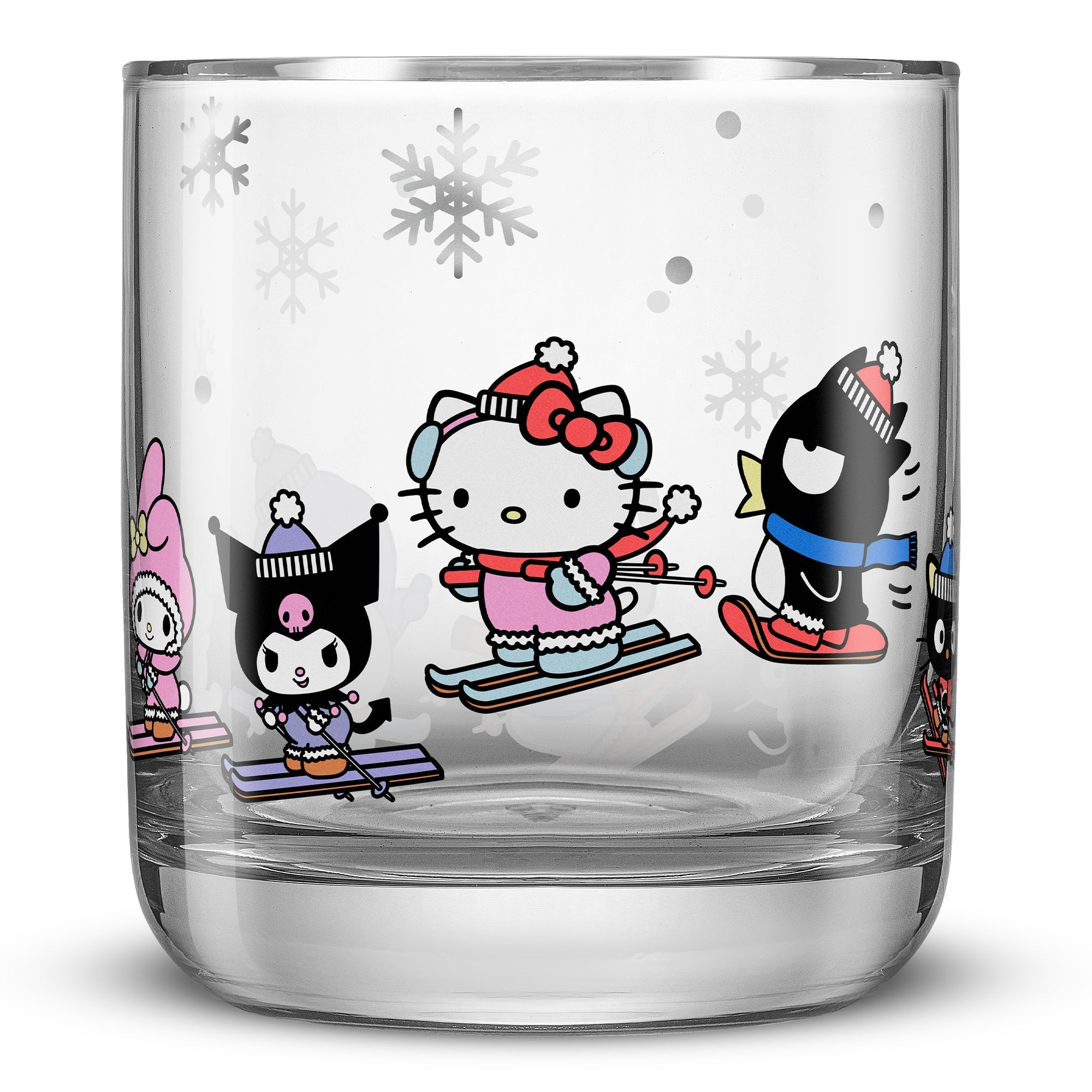Close-up of Kawaii Winter Wonderland short glasses showcasing popular Sanrio characters.