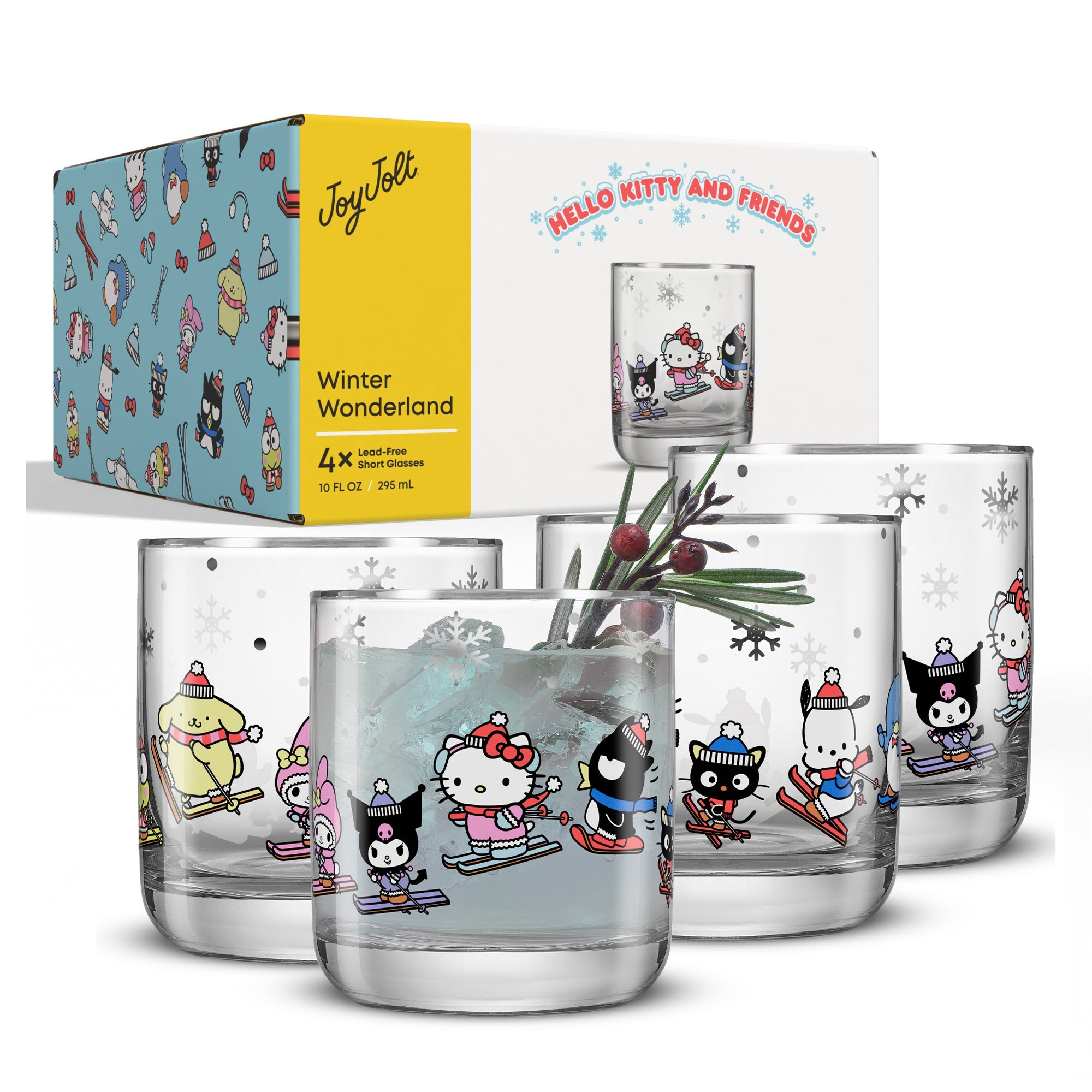 Festive display of Hello Kitty glasses set against a winter background, perfect for celebrations.