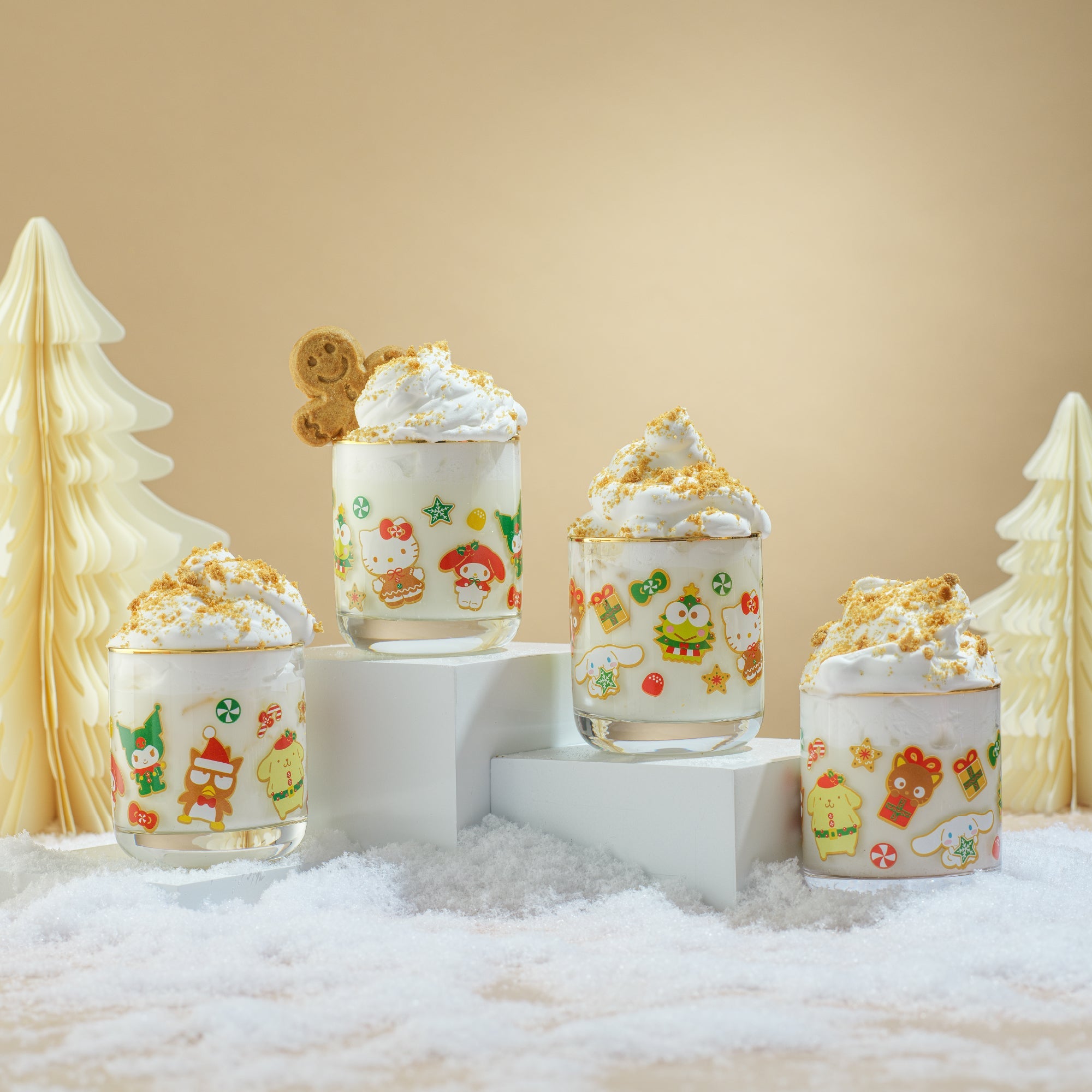 Side angle of Sanrio drinkware set showing all four gingerbread glasses