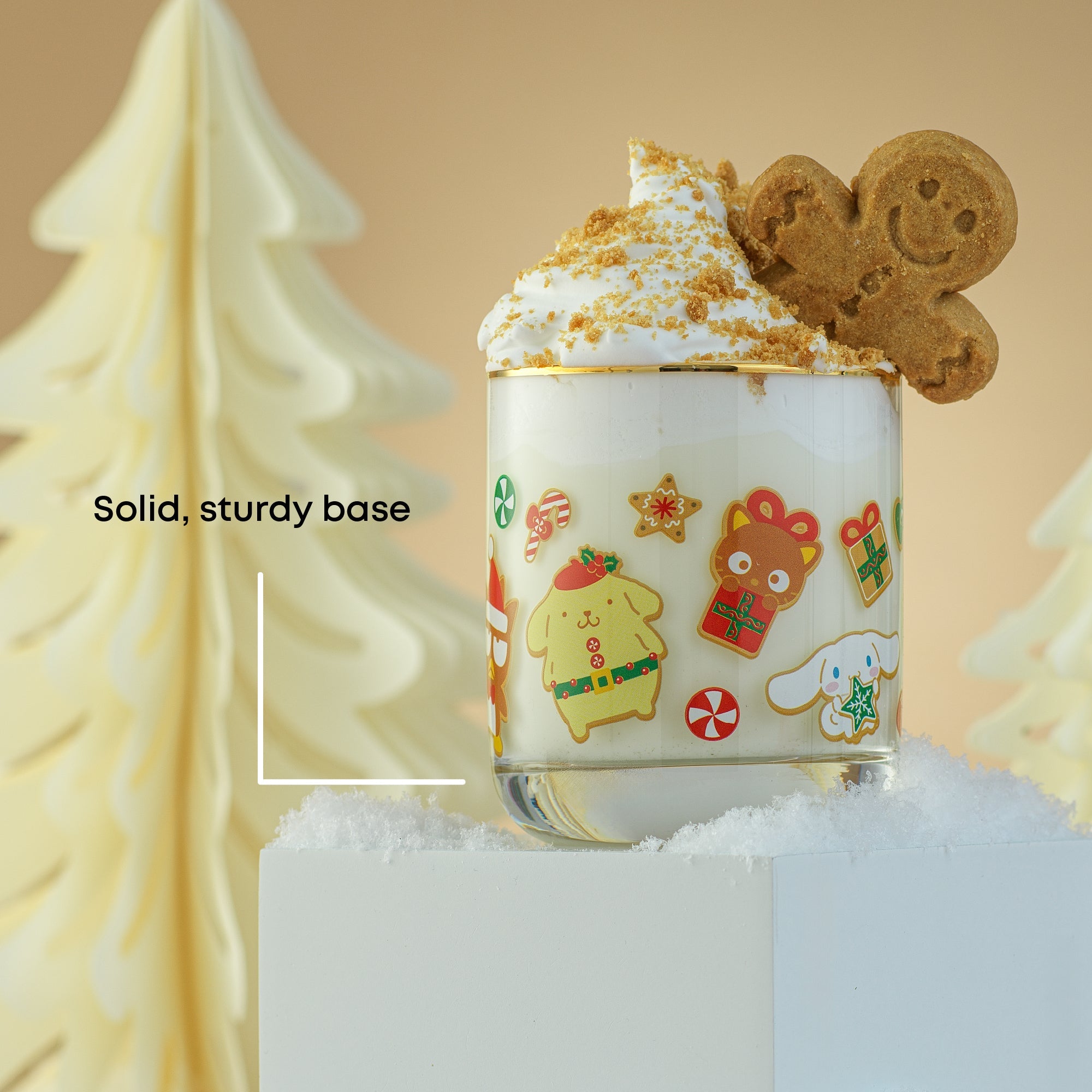 Side angle of Sanrio drinkware set showing all four gingerbread glasses