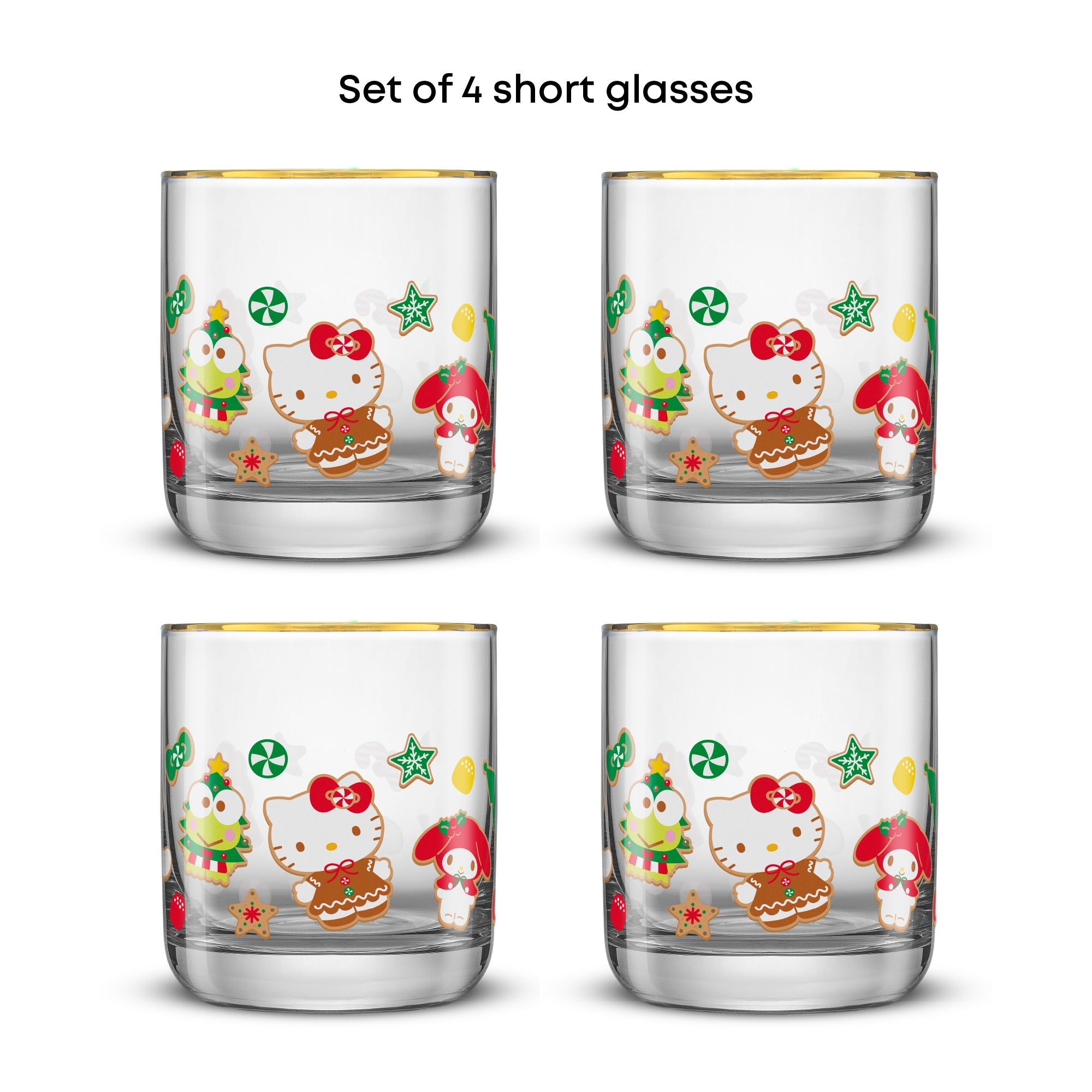 Top view of hello kitty prescription glasses-style wraparound designs on glass cups