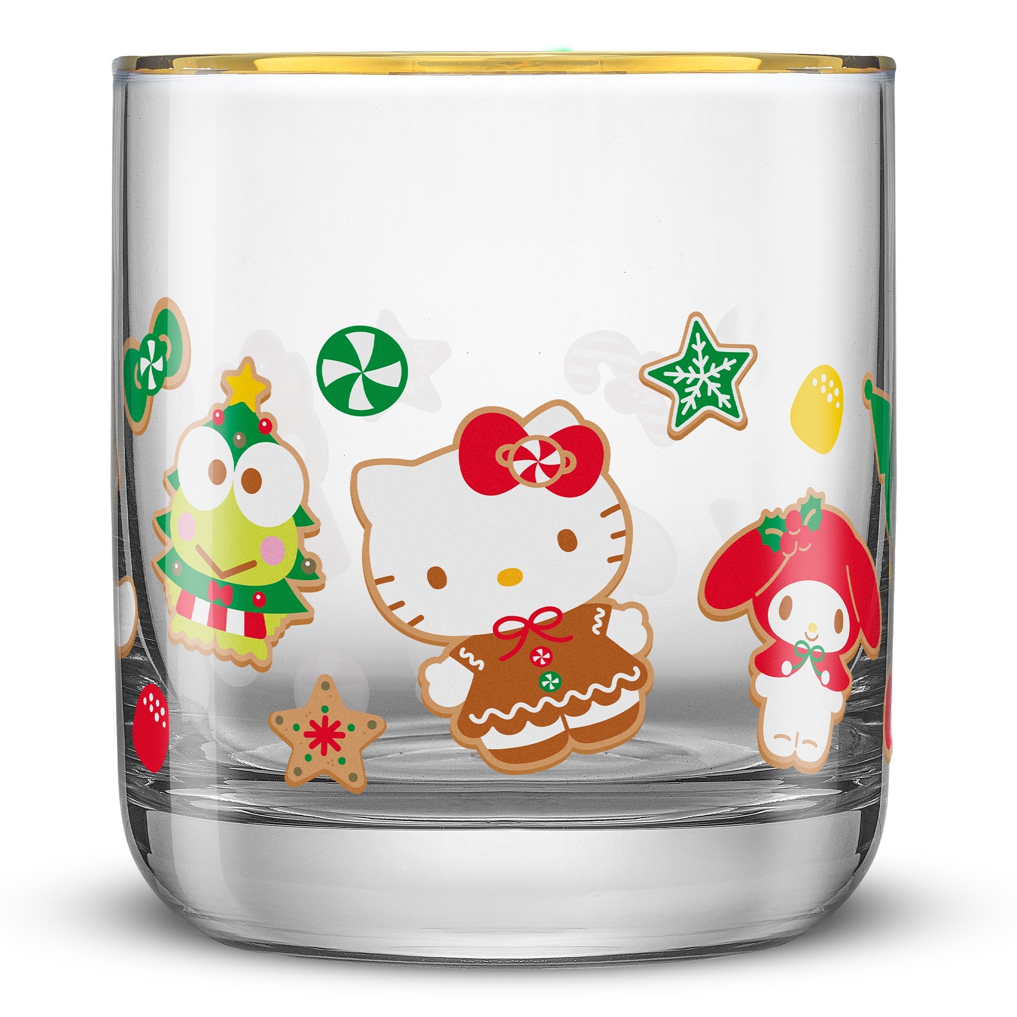 Side angle of Sanrio drinkware set showing all four gingerbread glasses