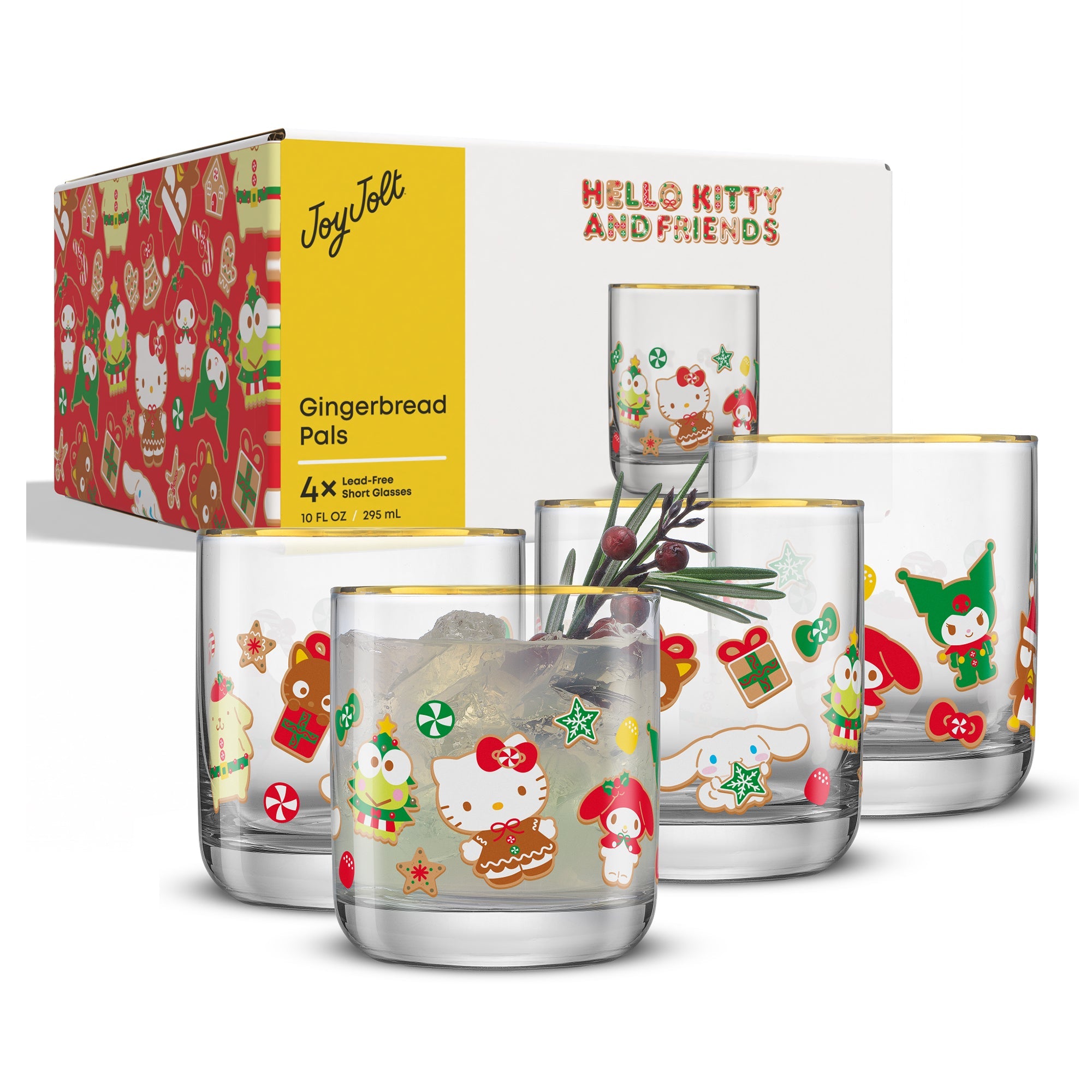 Top view of hello kitty prescription glasses-style wraparound designs on glass cups