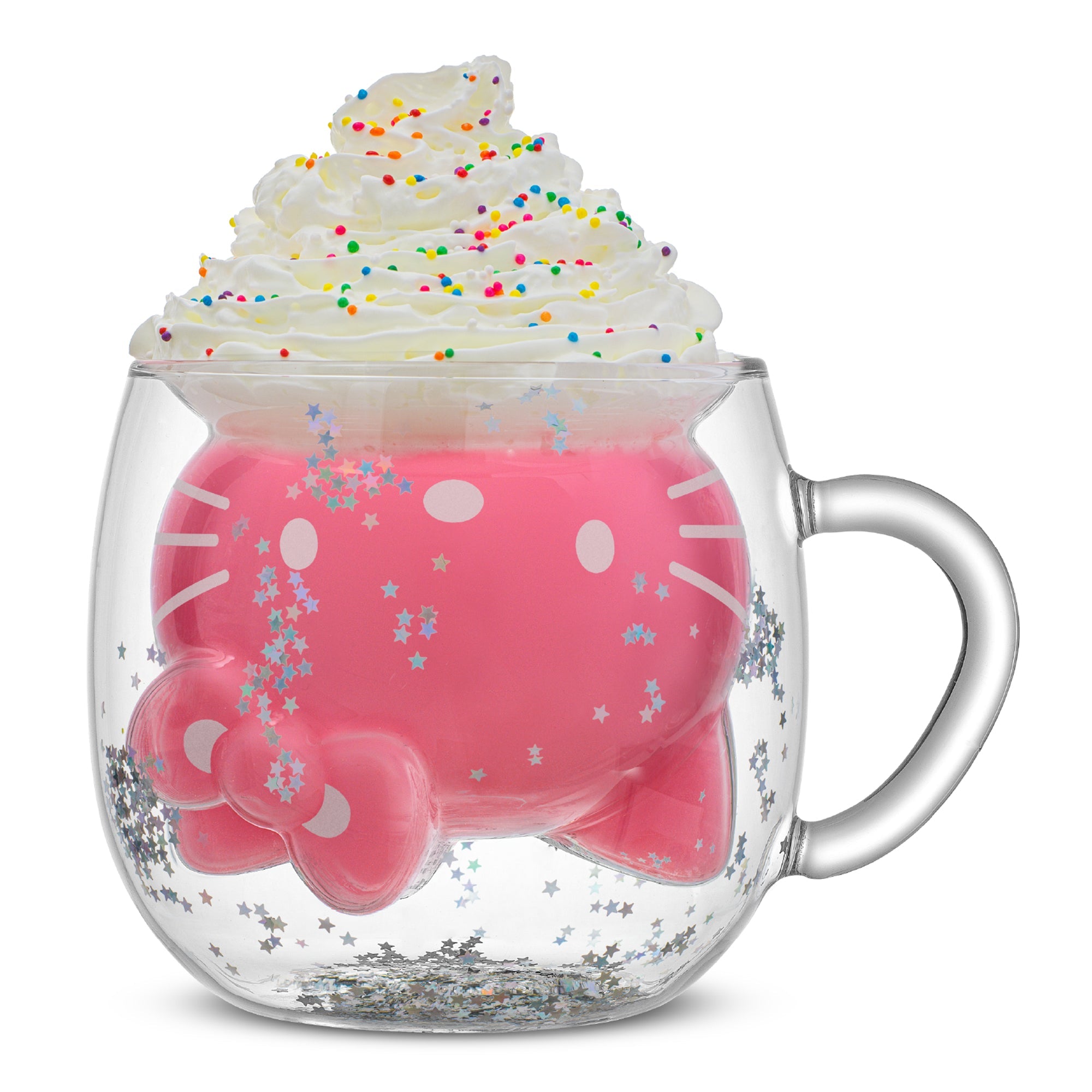 Front view of the Hello Kitty 50th anniversary glass mug with 3D design and glitter