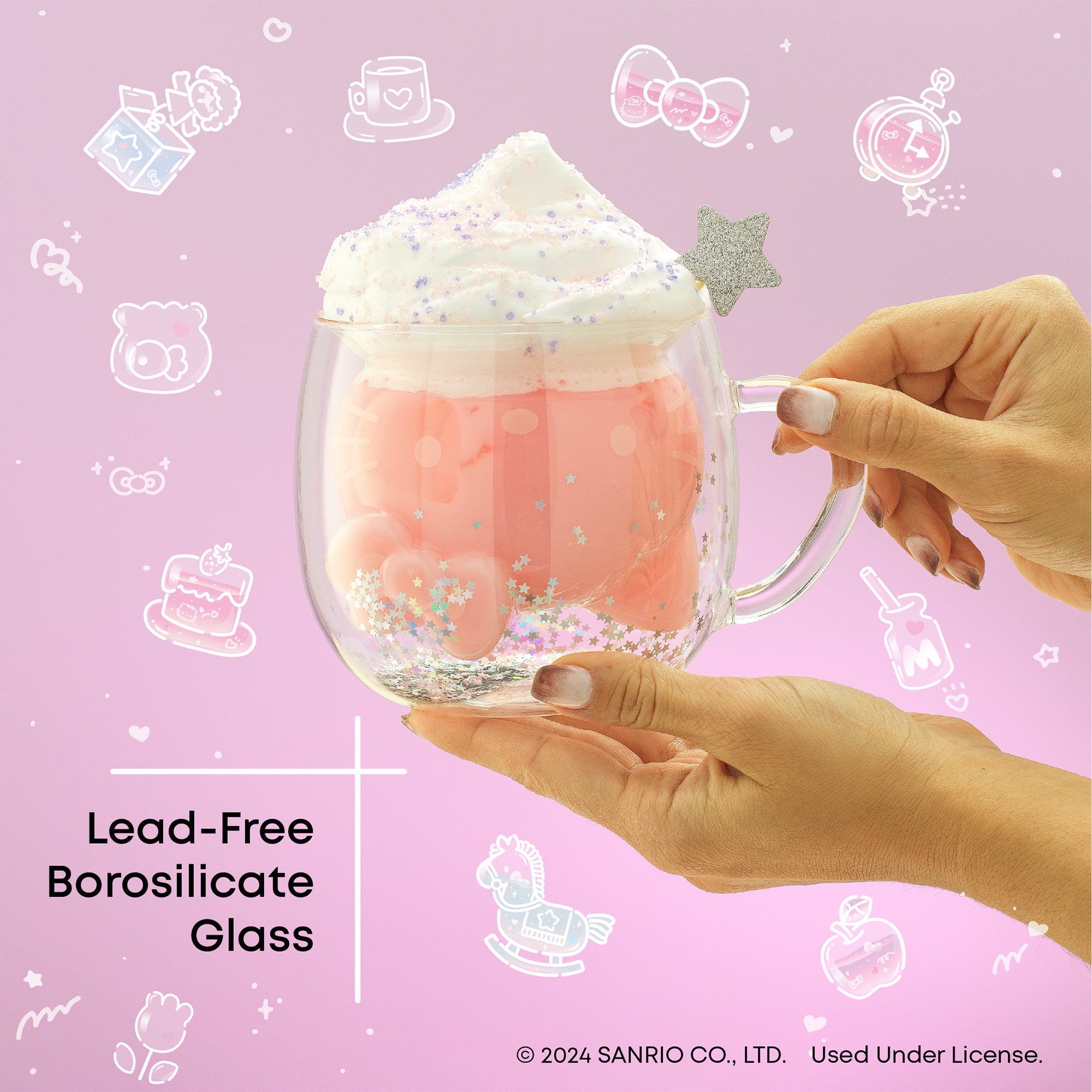 Front view of the Hello Kitty 50th anniversary glass mug with 3D design and glitter