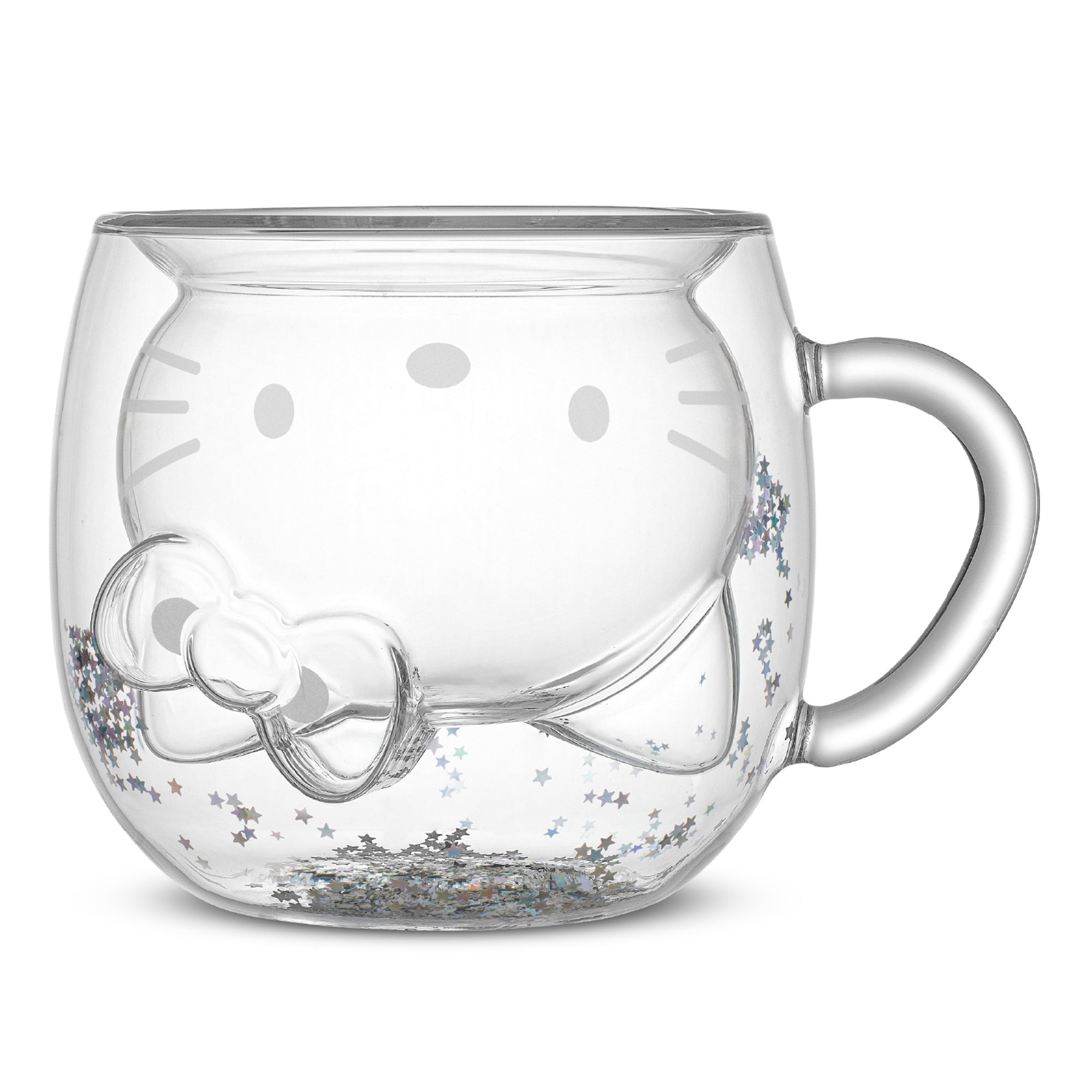 Front view of the Hello Kitty 50th anniversary glass mug with 3D design and glitter