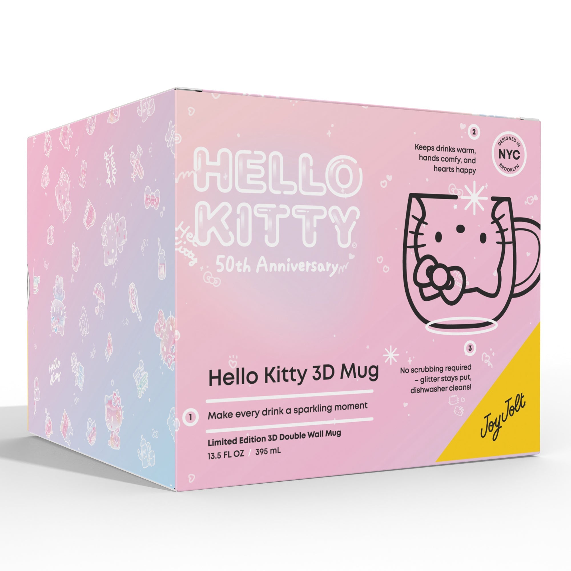 Front view of the Hello Kitty 50th anniversary glass mug with 3D design and glitter