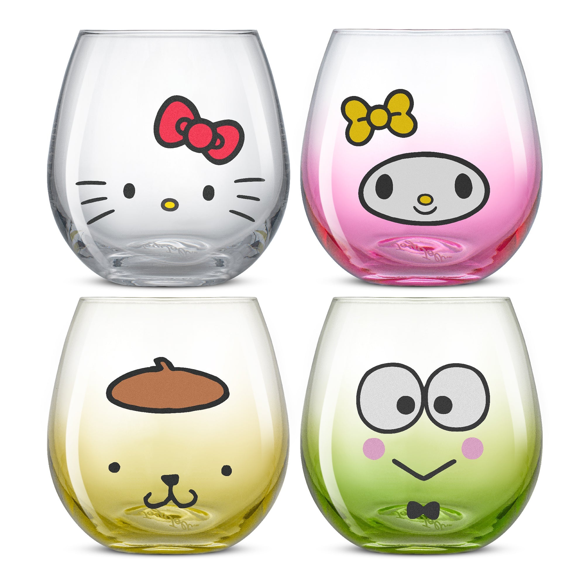 Hello Kitty stemless glasses set with characters on colorful backgrounds.