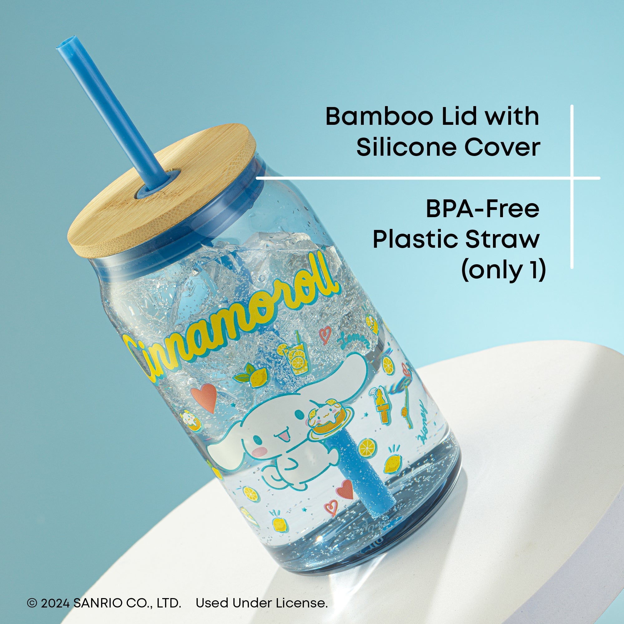 Cinnamoroll glass tumbler with bamboo lid, gift-boxed and ready for shipping
