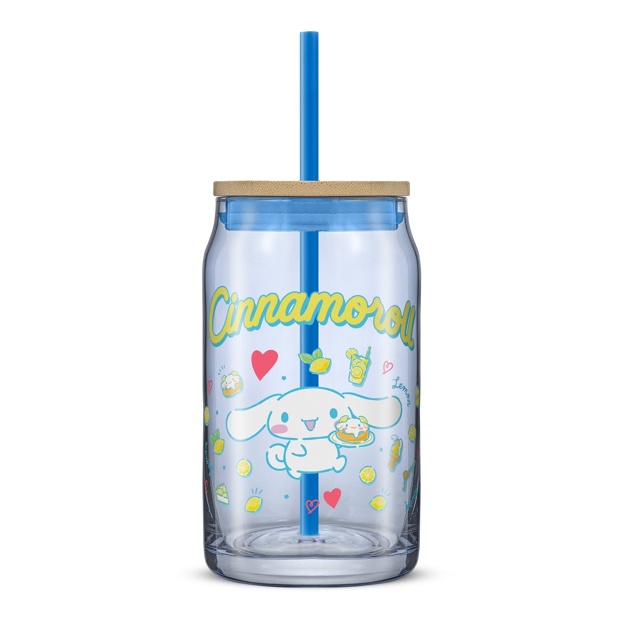 Cinnamoroll glass tumbler with bamboo lid and straw, showcasing its leakproof design