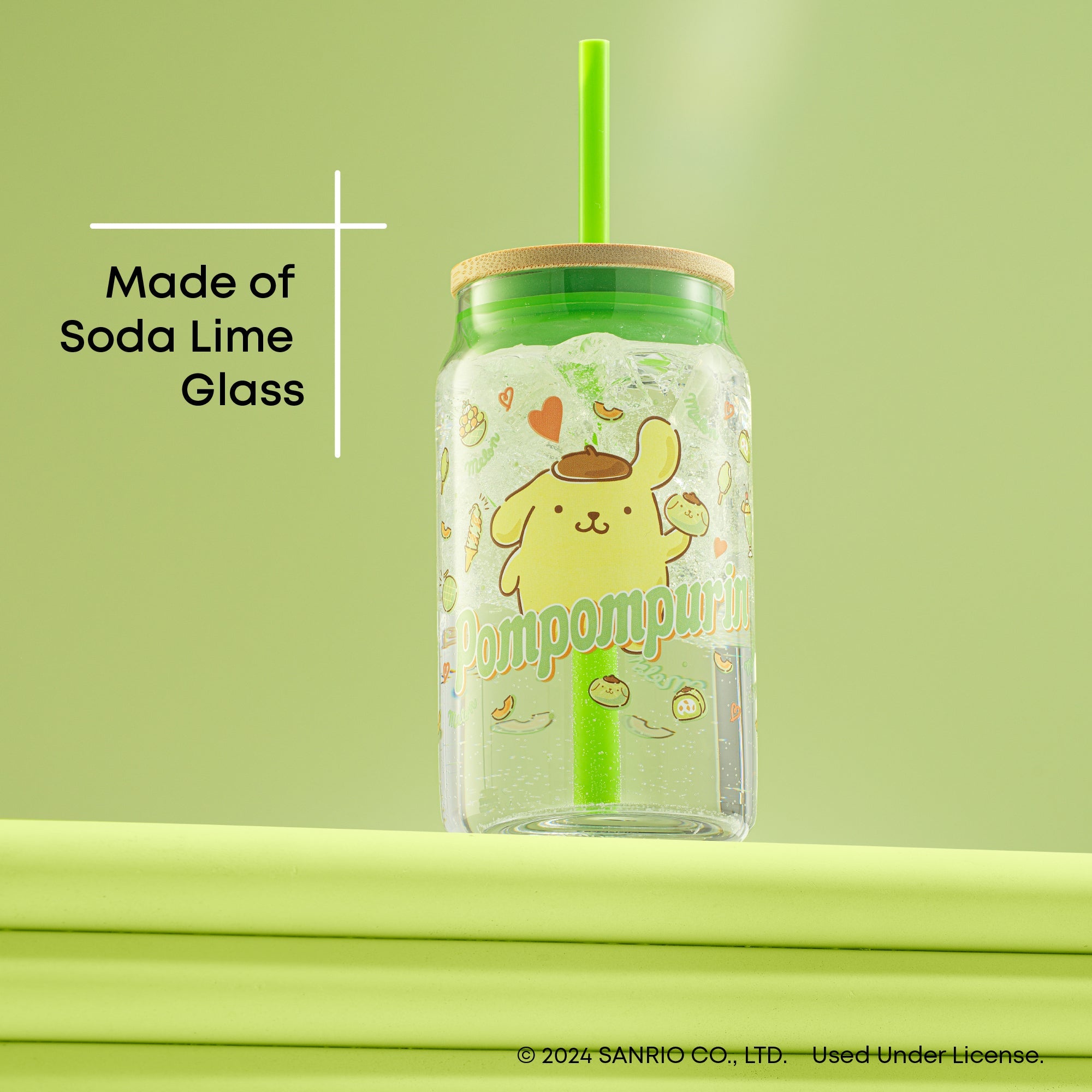 Glass cups with bamboo lids arranged with Sanrio character merchandise