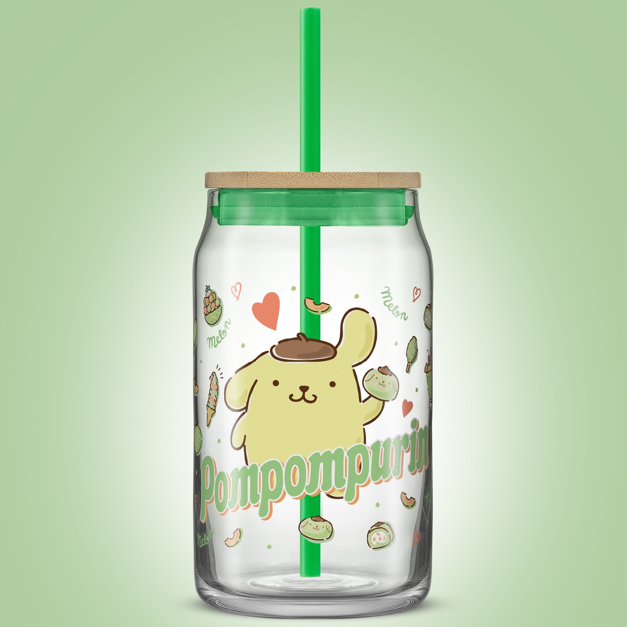 Glass cups with bamboo lids arranged with Sanrio character merchandise