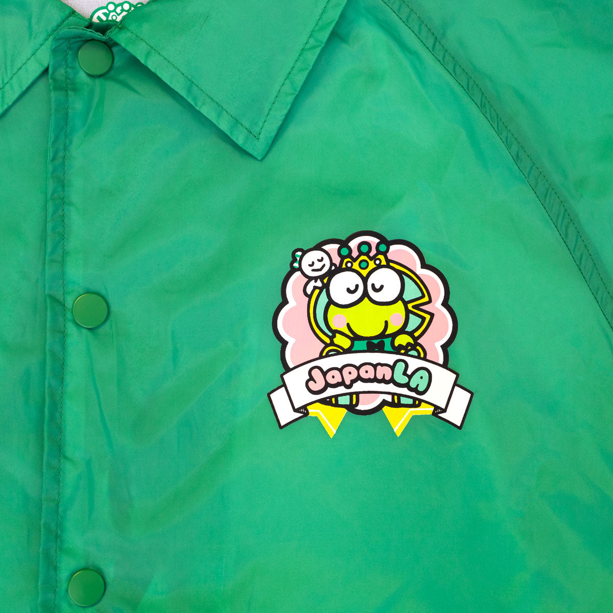 Front view of Keroppi jacket showing snap buttons and chest logo