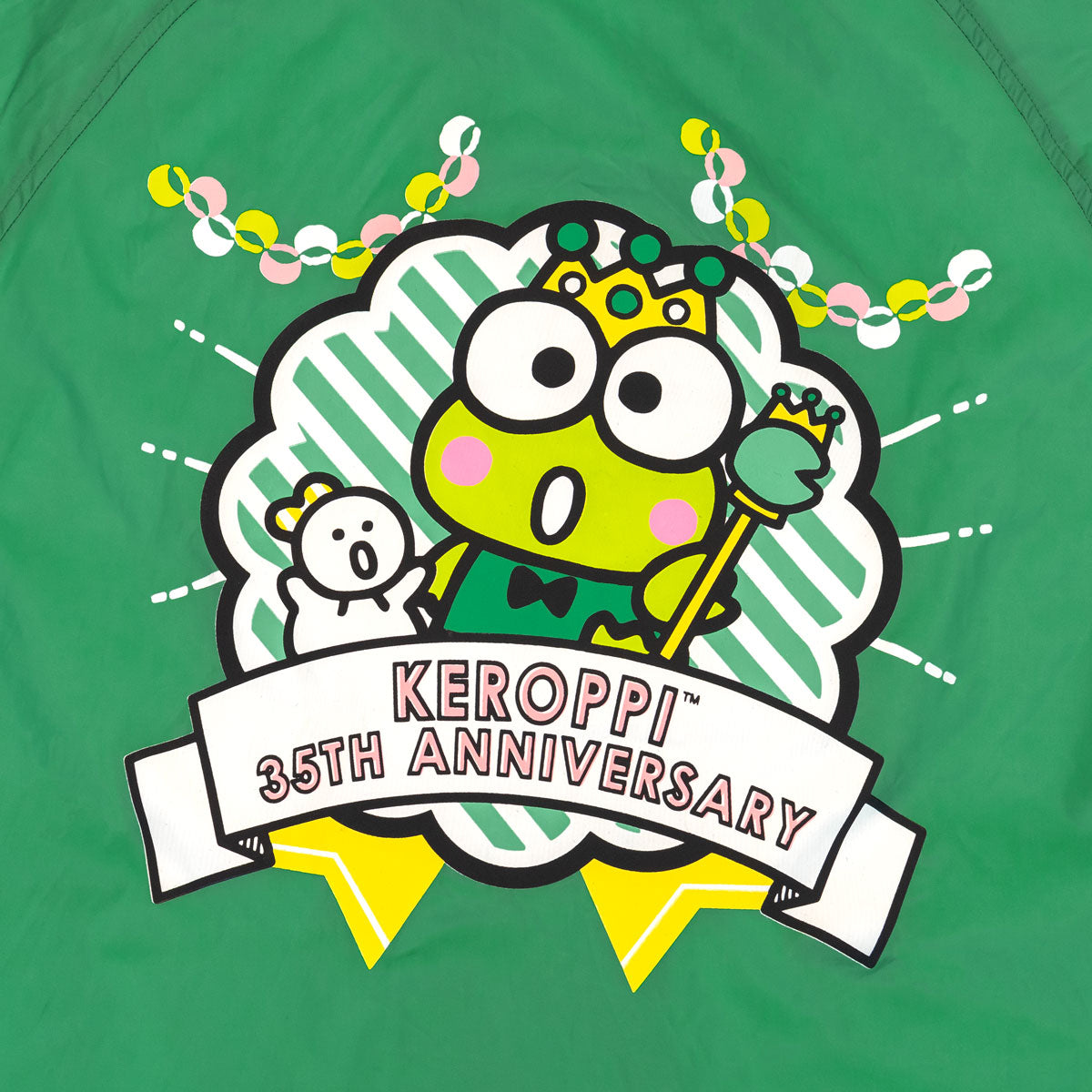Model wearing the Keroppi jacket with adjustable drawstring cinched