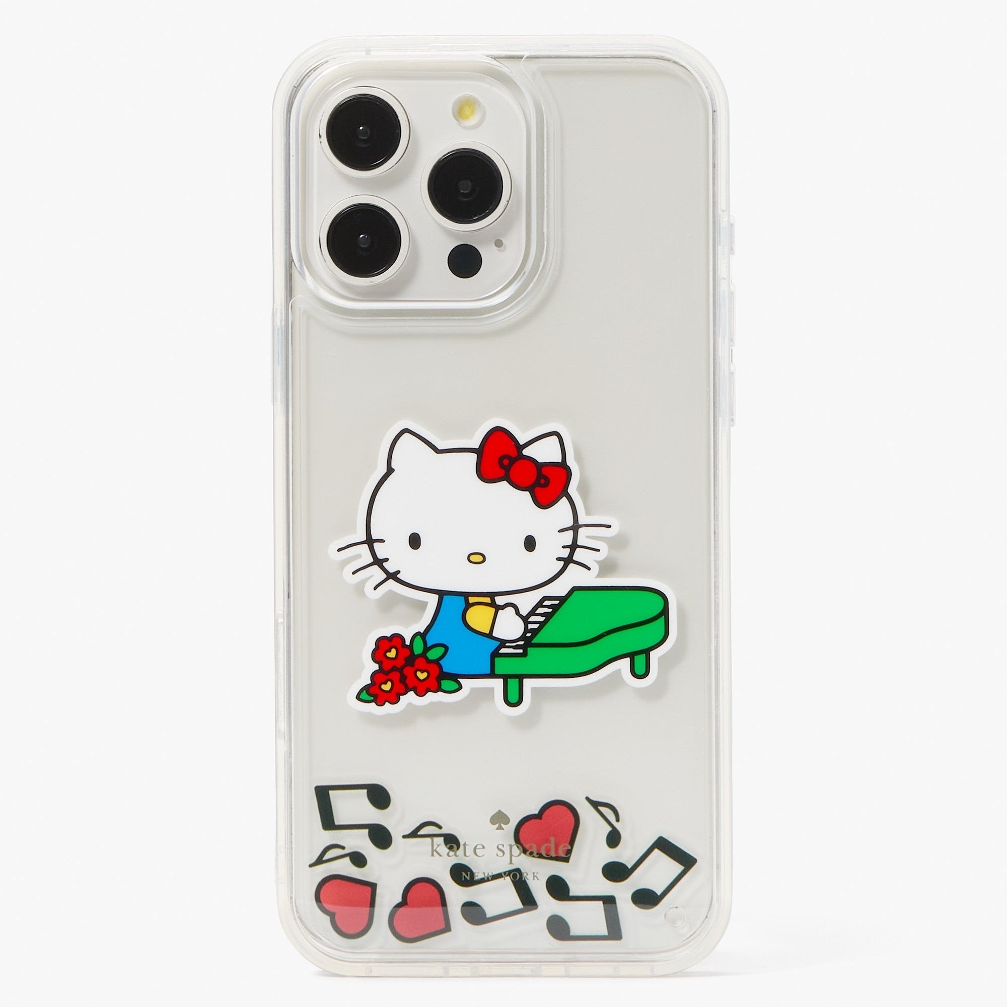 Front view of Kate Spade Hello Kitty iPhone 16 Pro case with liquid glitter design