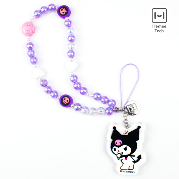 Close-up of beaded phone wristlet showing skull and heart detail on woven string