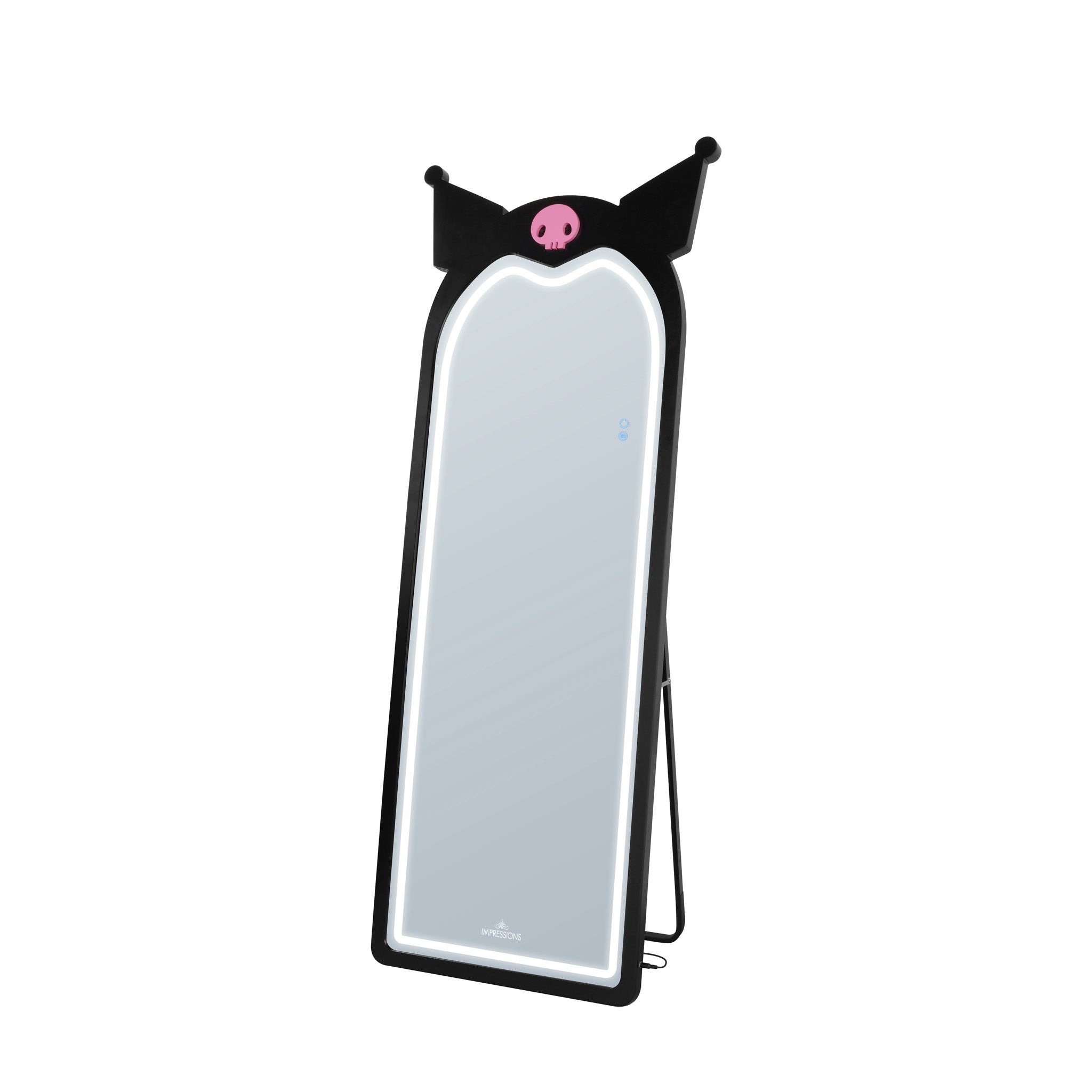 Kuromi LED bathroom mirror glowing in soft white light, mounted on a wall