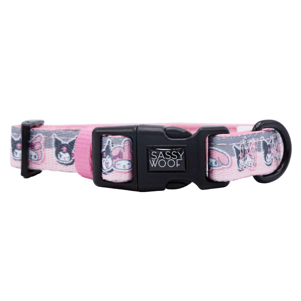 Close-up of the My Melody dog collar showing adjustable buckle and print detail